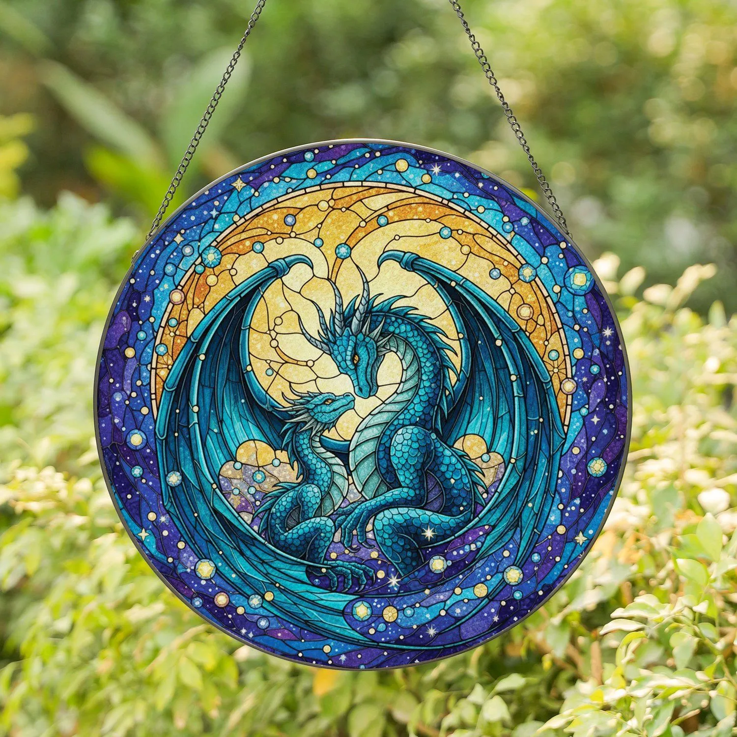 Dragon Embrace Tiffany Stained Glass Cosmic Nebula - Fantasy Home Decor Gift Stained Glass Suncatcher - 1