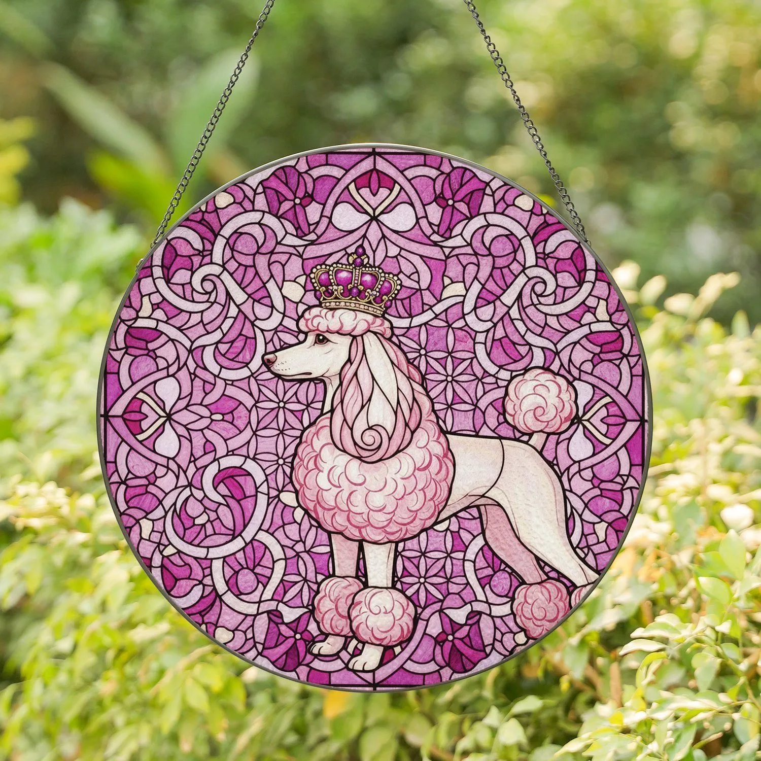 Majestic Crowned Poodle Dreamlike Abstract Garden Landscape Mosaic - Home Decor Gift for Poodle Enthusiasts Stained Glass Suncatcher - 1