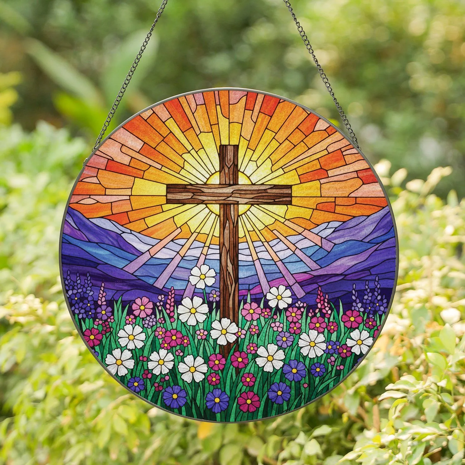 Rustic Cross Sun Rays Wildflowers Mountains Landscape Radiant Sky - Home Decor Gift Stained Glass Suncatcher - 1