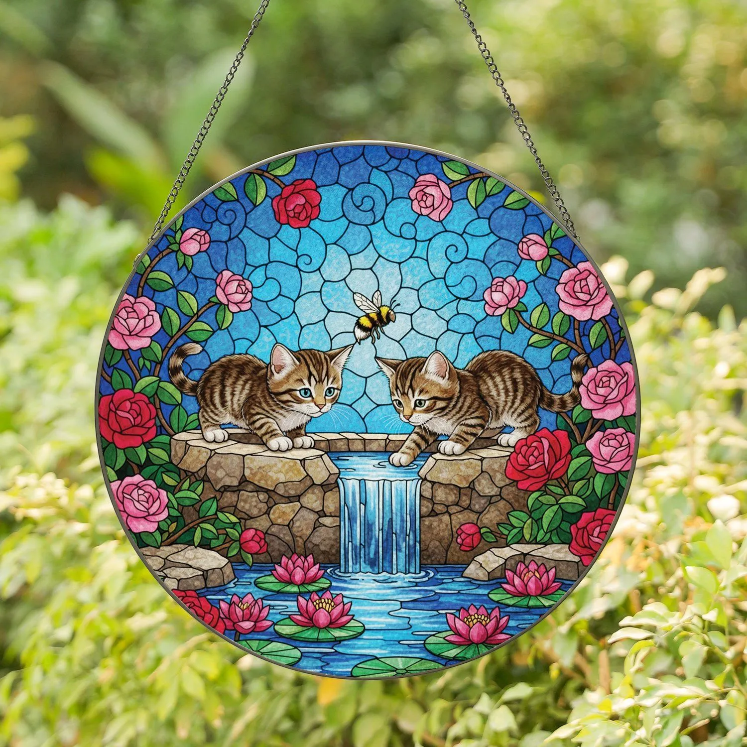 Tabby Kittens Stained Glass Fountain Roses Tiffany Style - Cat Lover Home Decor Gift Stained Glass Suncatcher - 1