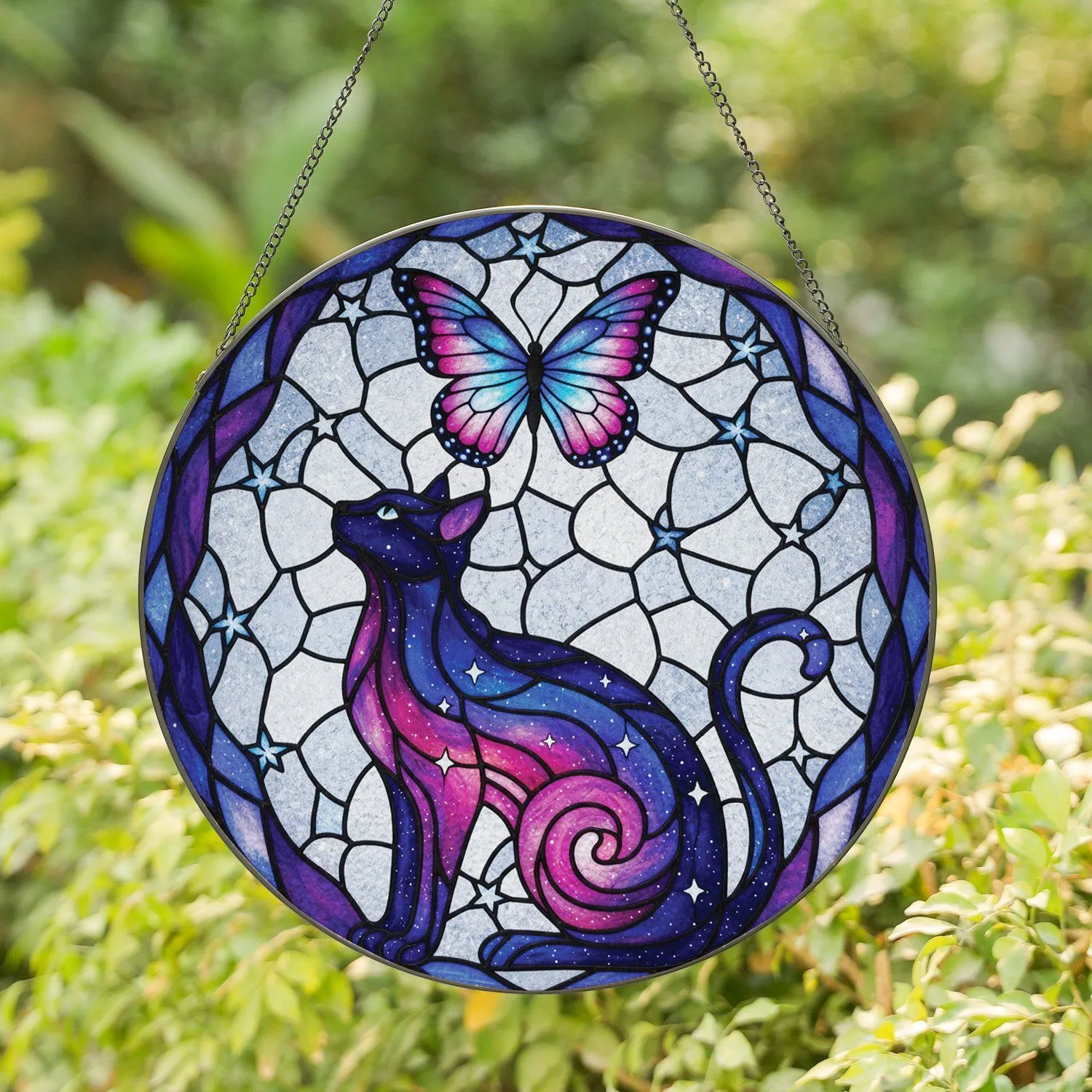 Black Cat Galaxy Nebula Butterfly Starry Night Sky Mosaic - Home Decor Gift for Cat Lover Stained Glass Suncatcher - 1