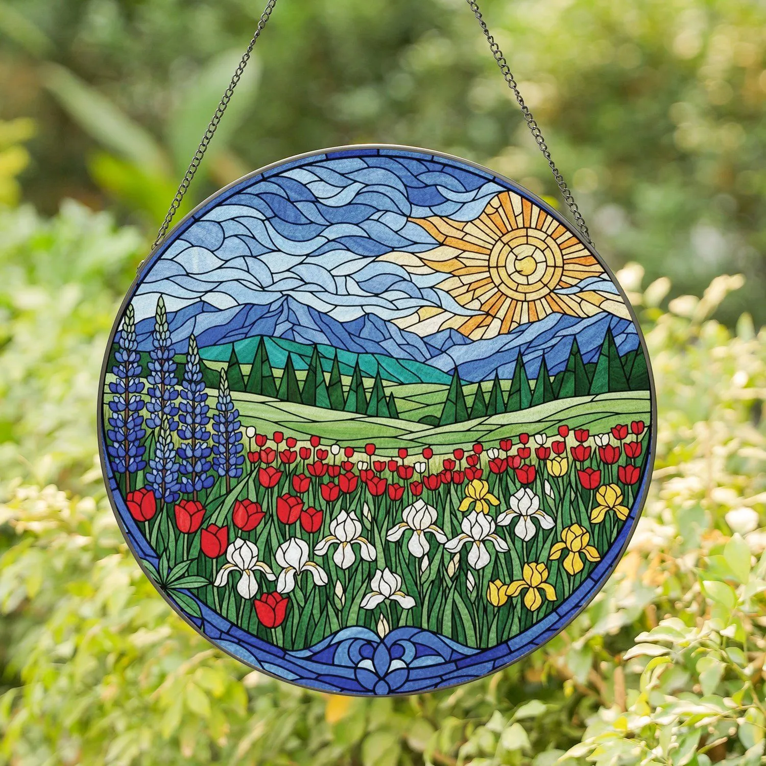 Stained Glass Spring Landscape Wildflowers Mountains Sun - Nature Lover Gift Stained Glass Suncatcher - 1