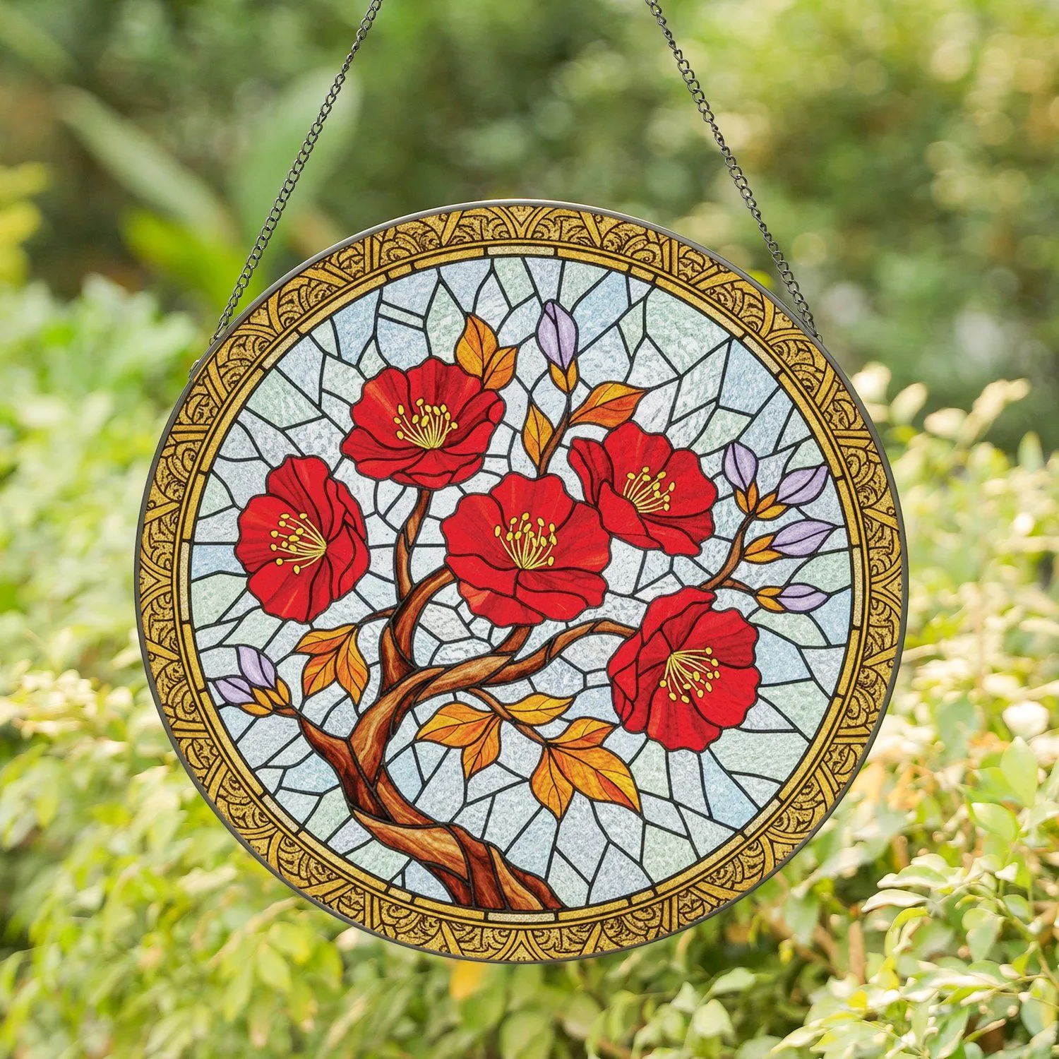 Red Blossoms Gnarled Branch Purple Buds Leaves Ornate Frame Home Decor Gift Stained Glass Suncatcher - 1