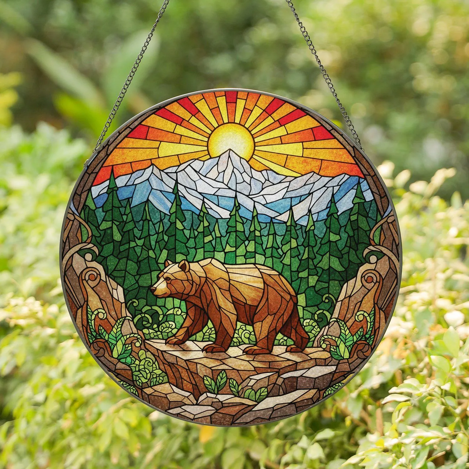 Brown Bear Rocky Ledge Green Fern Forest Distant Mountain Sun - Wildlife Home Decor Gift Stained Glass Suncatcher - 1
