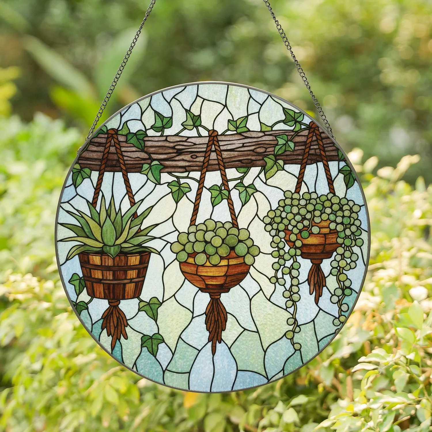 Weathered Wood Beam Hanging Succulent Plants Ivy Vine - Home Decor Gift Stained Glass Suncatcher - 1