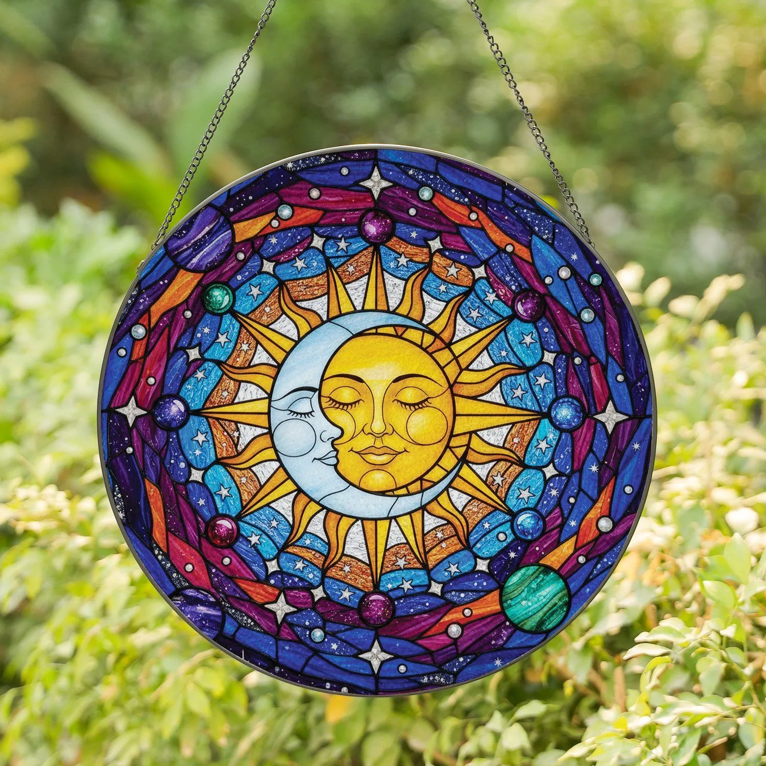 Golden Sun Crescent Moon Stars Planetary Gem Accents Cosmic Sky - Home Decor Gift Stained Glass Suncatcher - 1