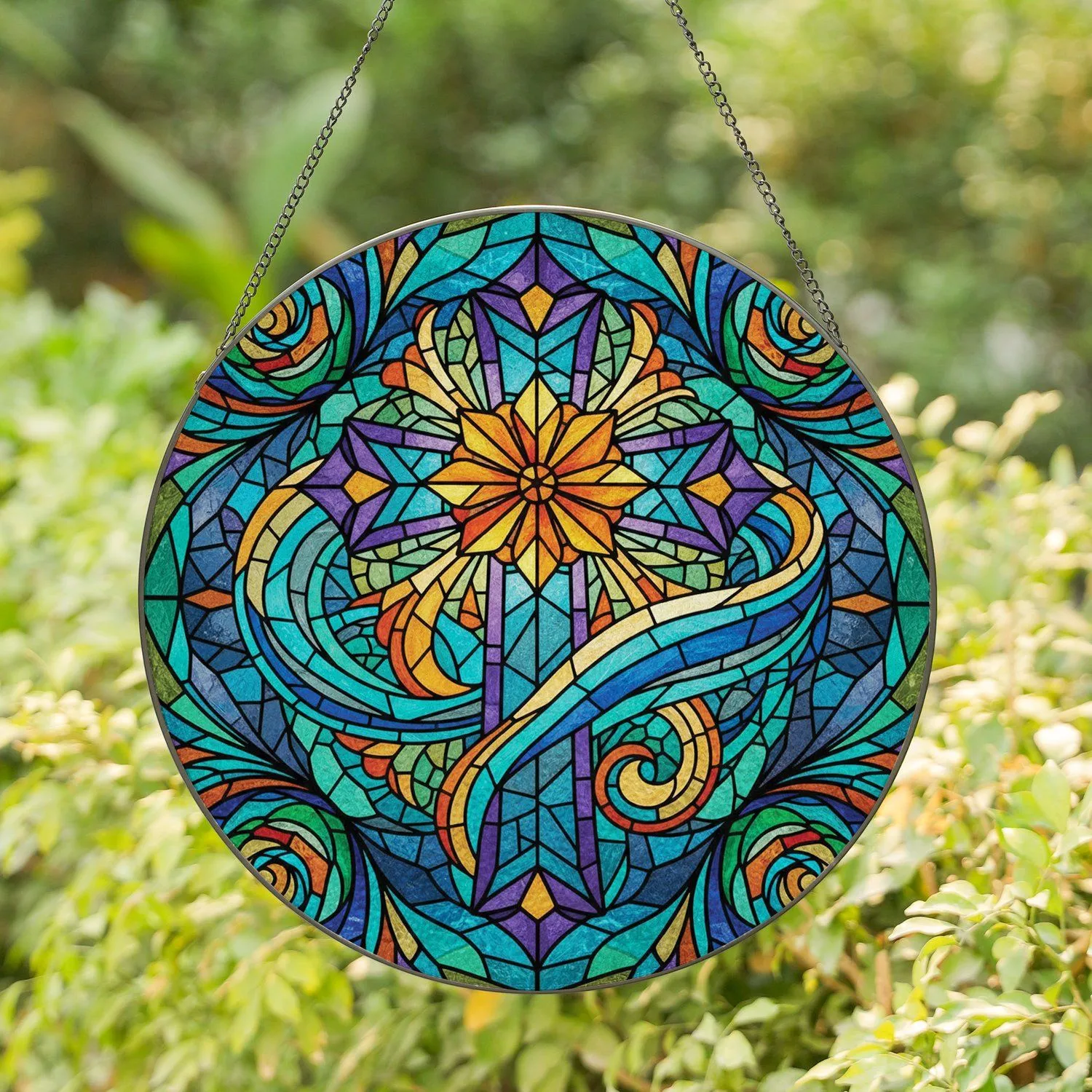 Ornate Christian Cross Flower Burst Flowing Ribbons - Home Decor Gift for Christian Stained Glass Suncatcher - 1