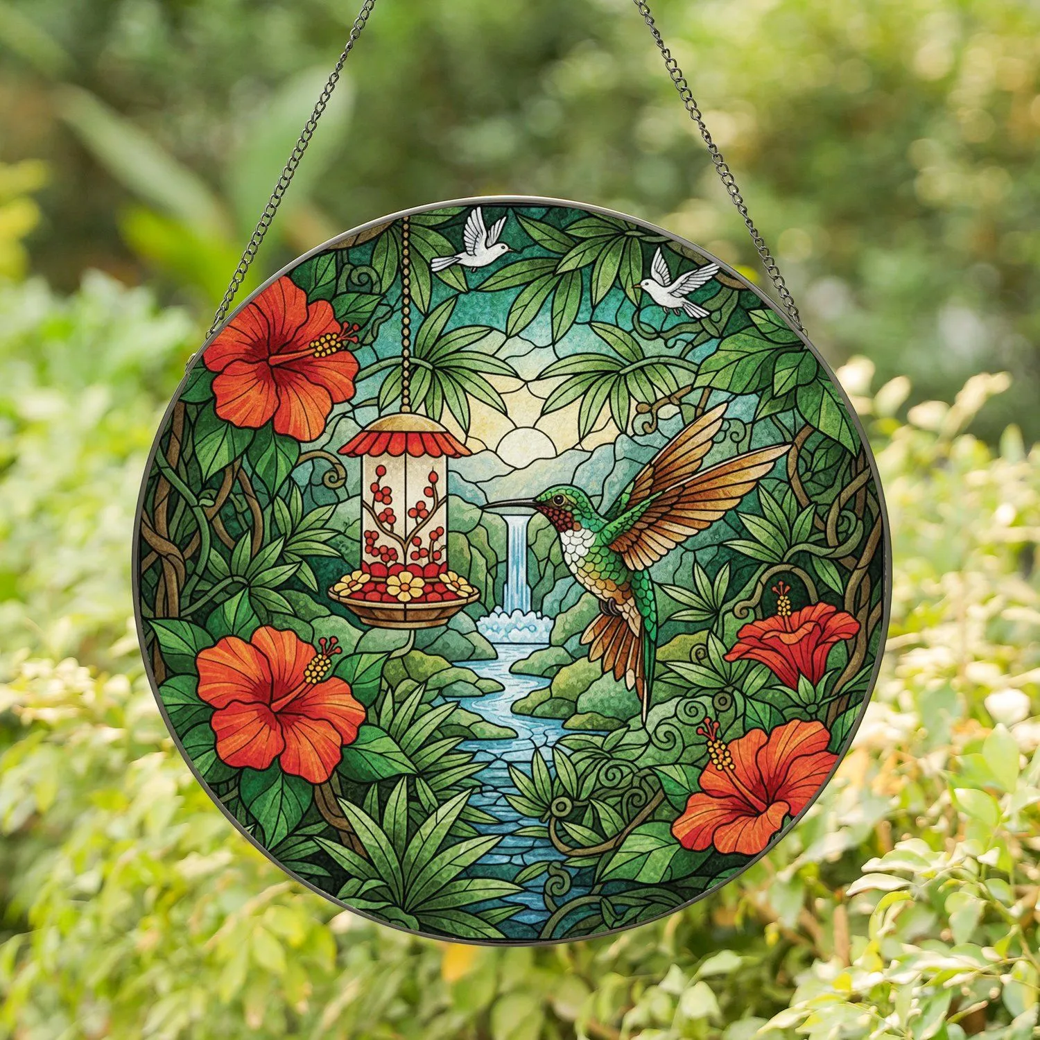 Hummingbird Hibiscus Tropical Waterfall Jungle - Home Decor Gift for Wildlife Lover Stained Glass Suncatcher - 1