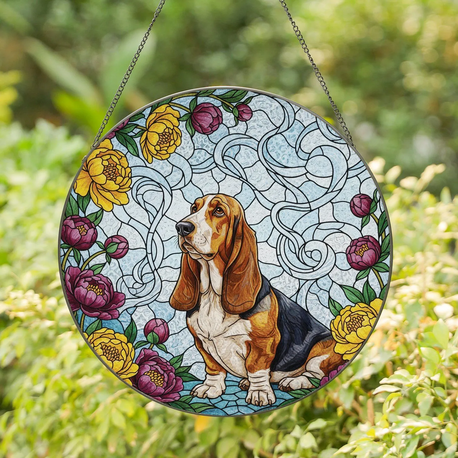 Basset Hound Dog Peony Floral Home Decor Gift for Dog Lover Stained Glass Suncatcher - 1