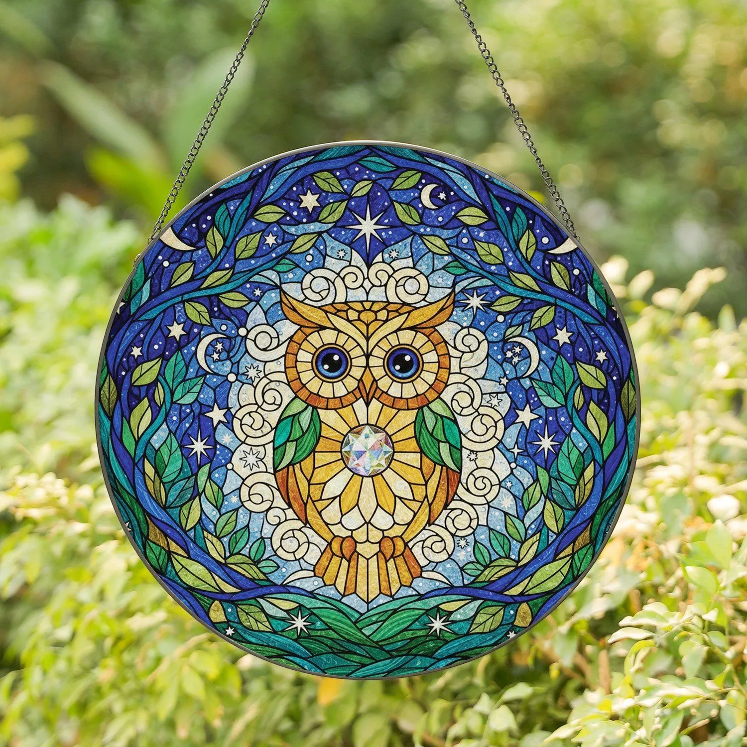 Owl Character Forest Starry Night Crescent Moons - Home Decor for Owl Lovers Stained Glass Suncatcher - 1