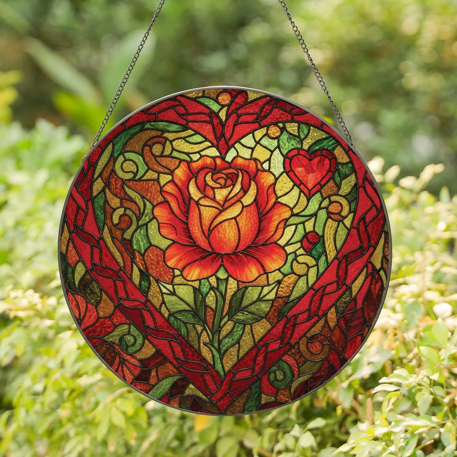 Red Orange Rose Heart Frame Tiffany Stained Glass - Home Decor Gift for Rose Lover Stained Glass Suncatcher - 1