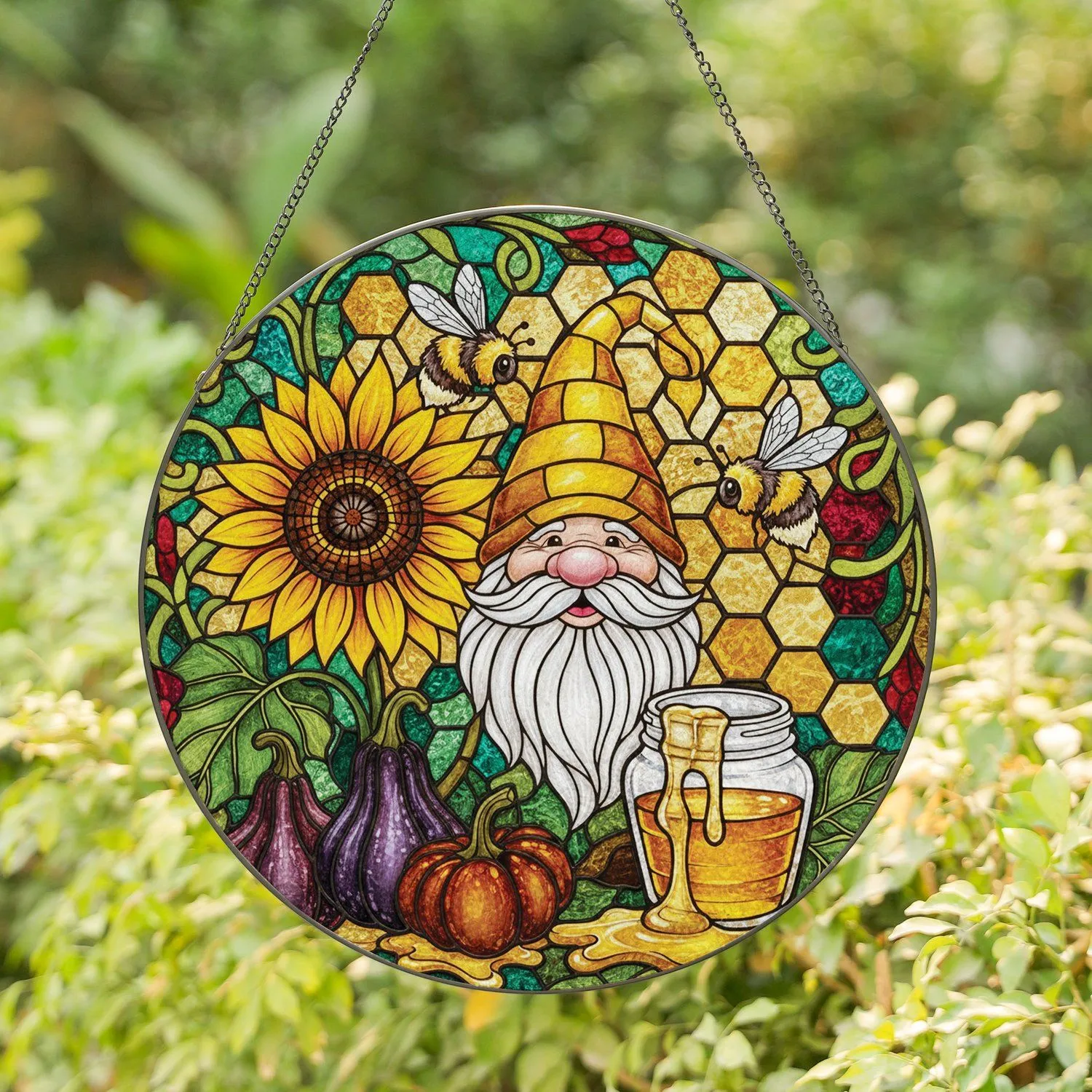 Gnome Honeycomb Bumblebee Sunflower Gourds Honey Jar - Nature Lover Year-Round Home Decor Gift Stained Glass Suncatcher - 1