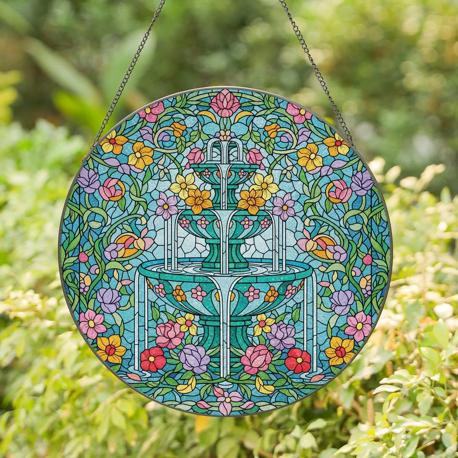 Stained Glass Two-Tiered Fountain Blossoming Flowers Floral Vines Home Decor Gift Stained Glass Suncatcher - 1
