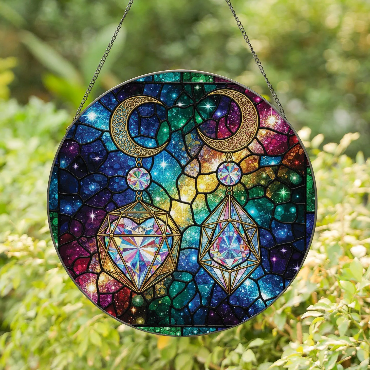 Heart Teardrop Crystal Prisms Golden Crescent Moon Cosmic Nebulae - Celestial Home Decor Gift Stained Glass Suncatcher - 1