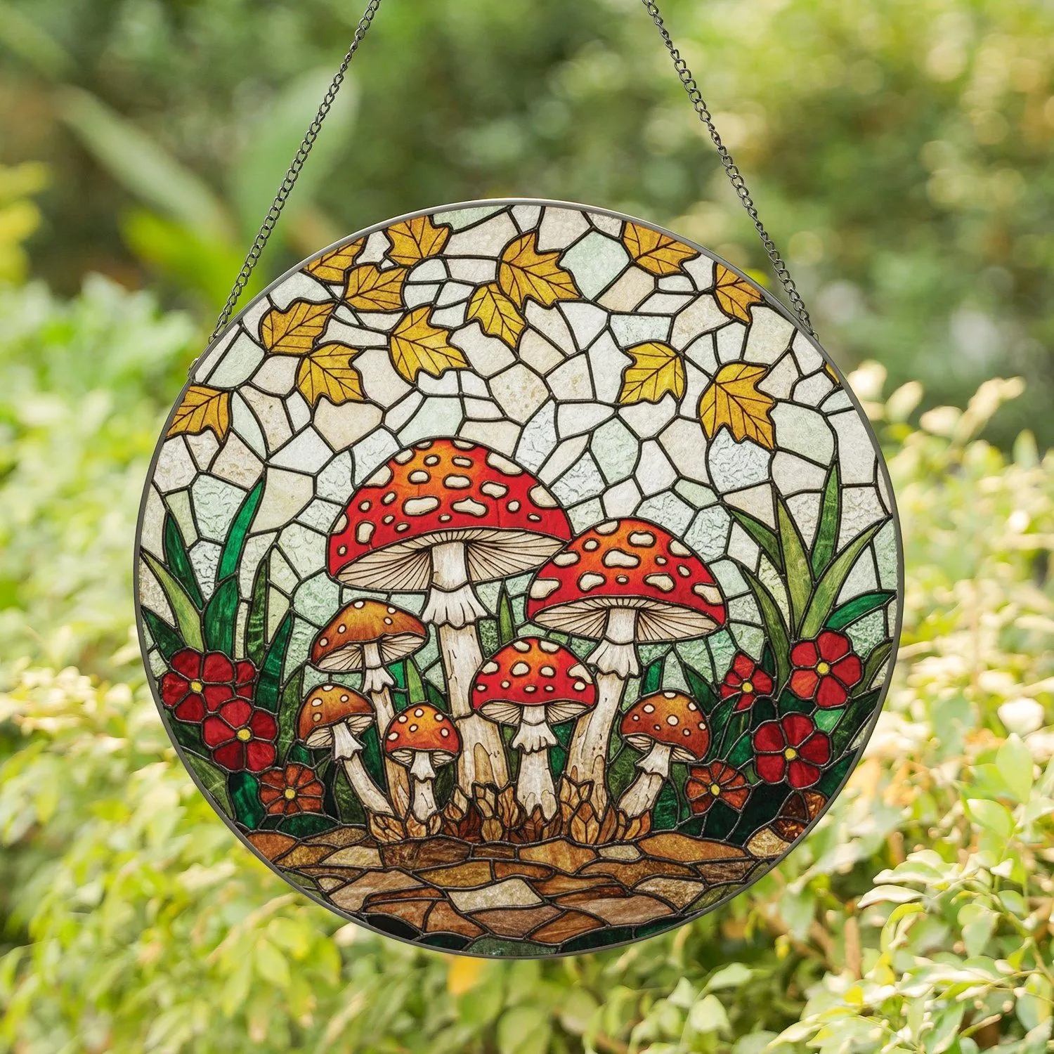 Autumnal Toadstool Mushroom Forest Leaves - Home Decor Gift Stained Glass Suncatcher - 1