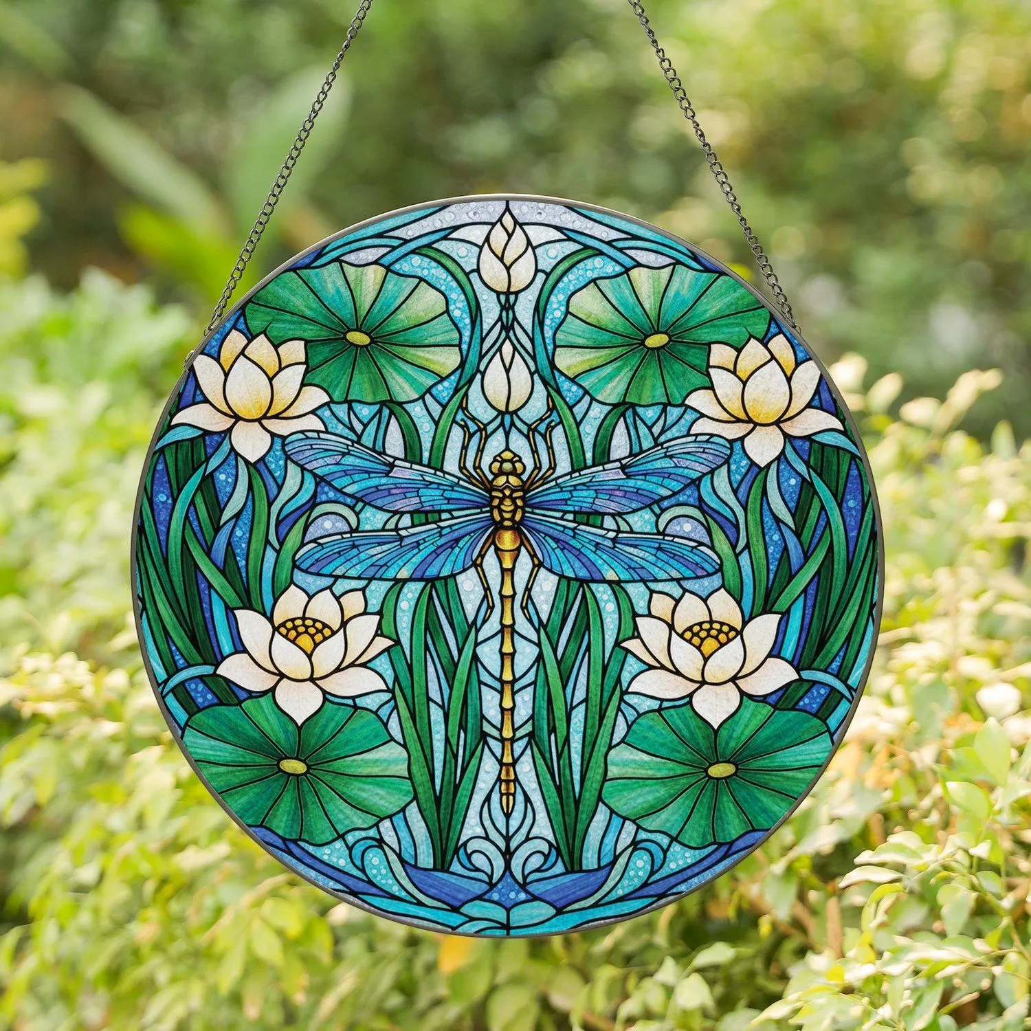 Blue Dragonfly White Lotus Aquatic Flora - Home Decor Gift for Nature Lover Stained Glass Suncatcher - 1