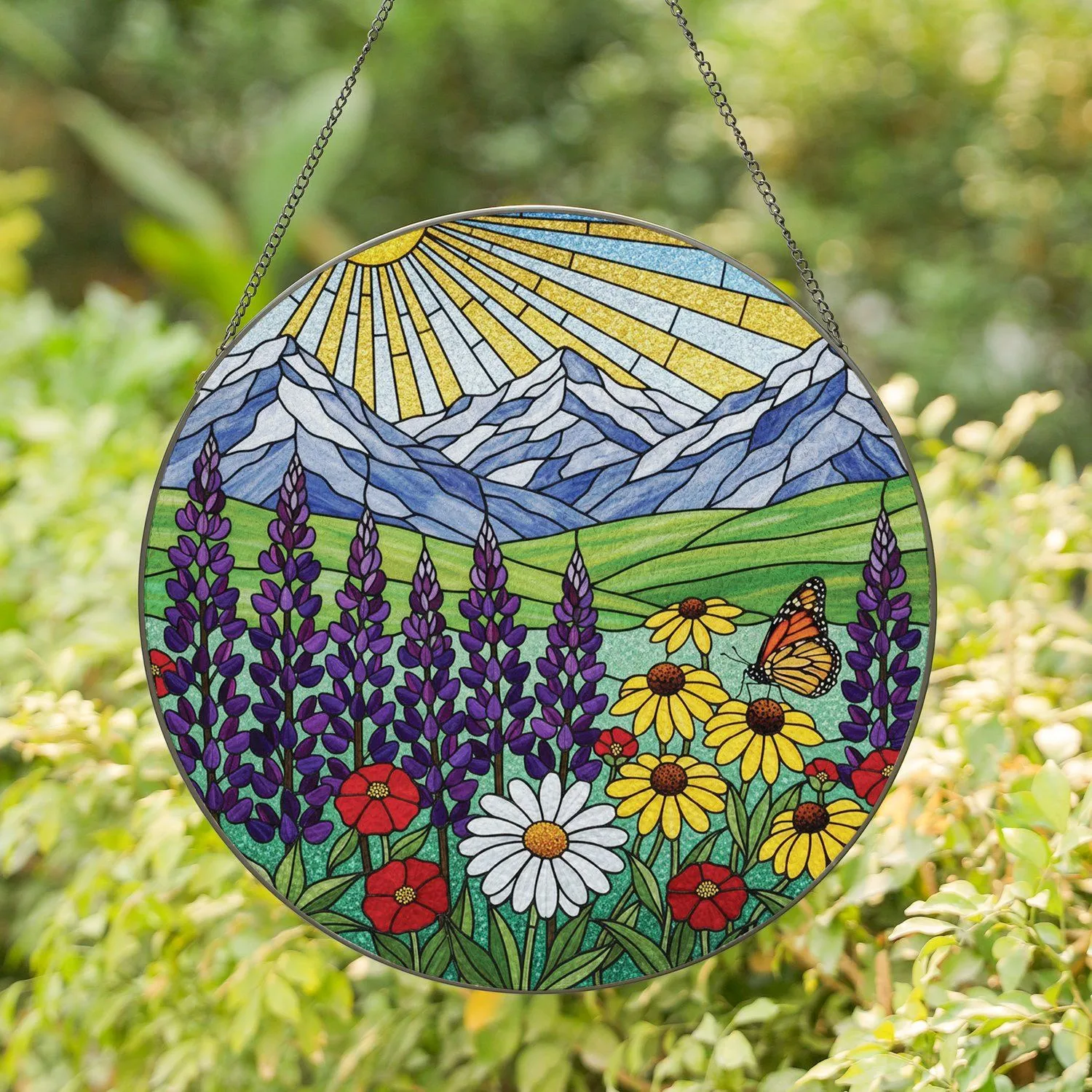 Wildflower Meadow Monarch Butterfly Mountain Sunburst - Home Decor Gift Nature Lover Stained Glass Suncatcher - 1