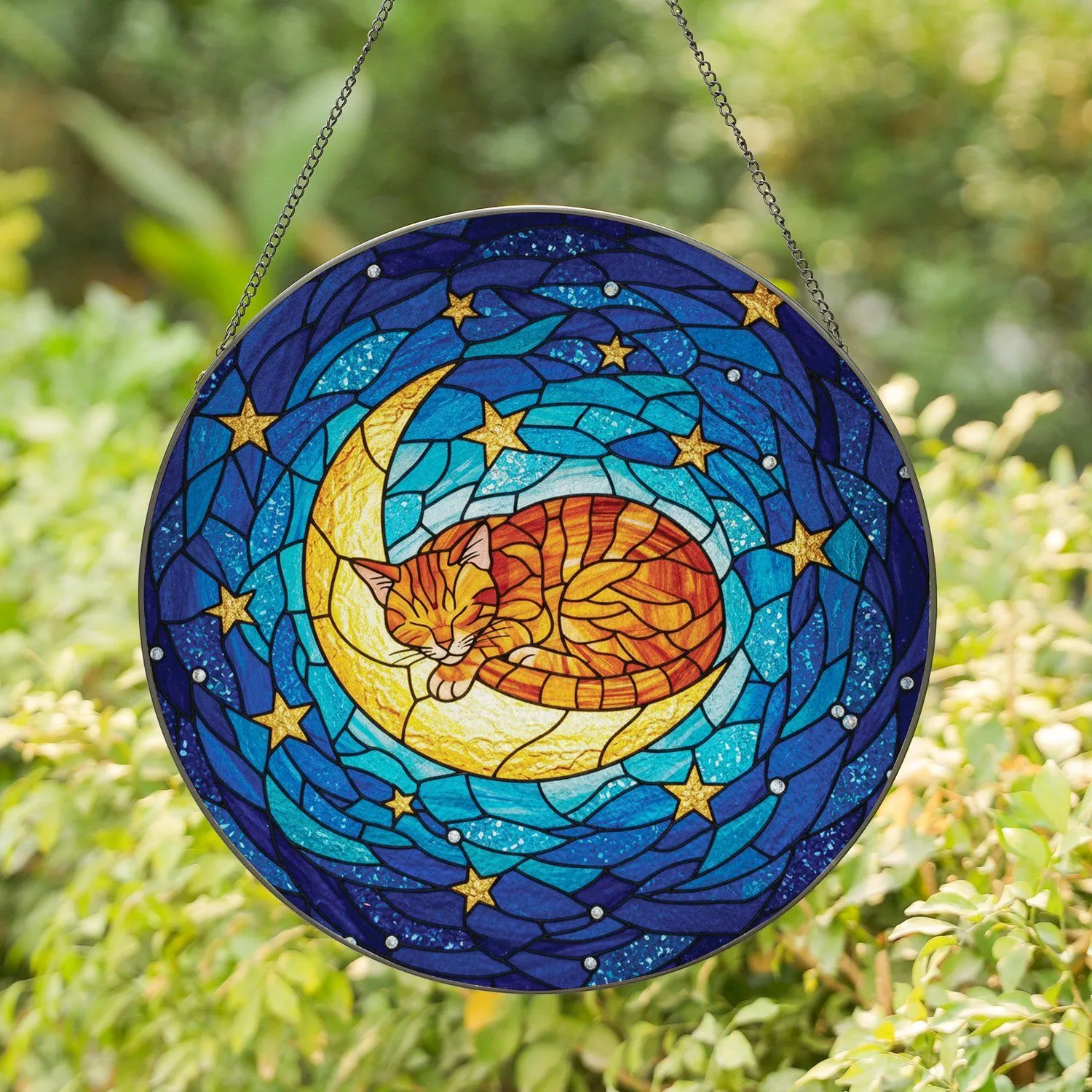 Ginger Tabby Cat Crescent Moon Stained Glass Stars - Home Decor Gift for Cat Lover Stained Glass Suncatcher - 1