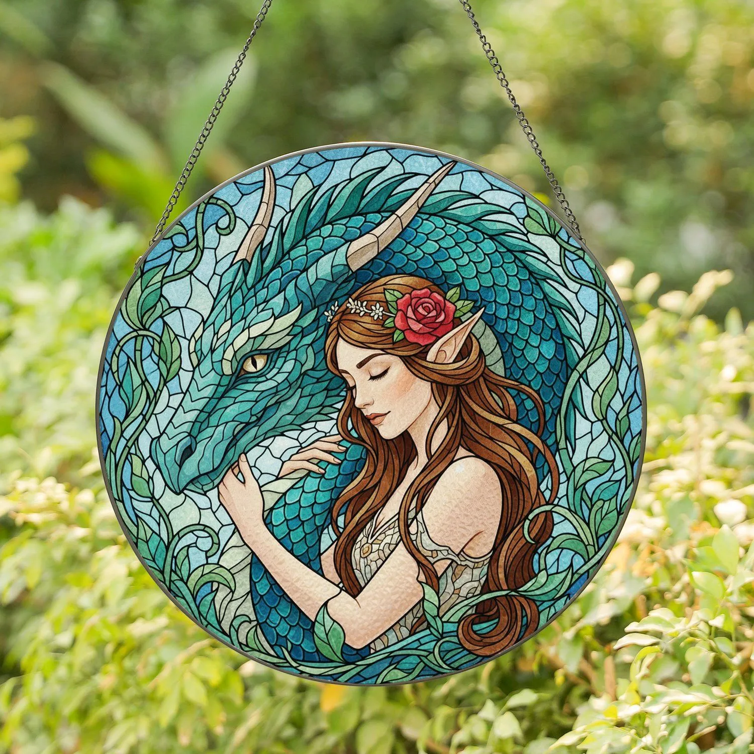 Elven Woman Dragon Embrace Red Rose Floral Headpiece - Home Decor Gift for Dragon Lover Stained Glass Suncatcher - 1