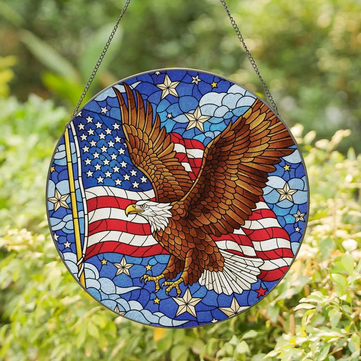Bald Eagle American Flag Waving Stars Stripes Patriotic Cloud Sky Independence Day Gift Stained Glass Suncatcher - 1