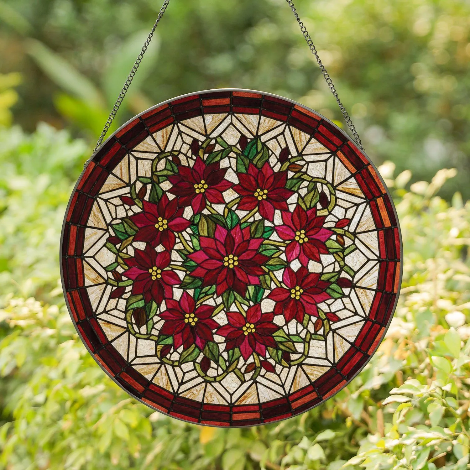 Stained Glass Poinsettia Flowers Mosaic - Intricate Christmas Holiday Home Decor Gift Stained Glass Suncatcher - 1