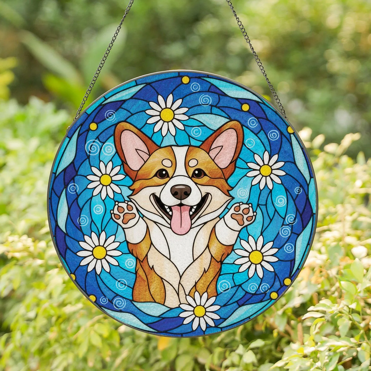 Glowing Translucent Tiffany Glass Corgi Dog Daisy Flowers - Corgi Lover Gift Stained Glass Suncatcher - 1