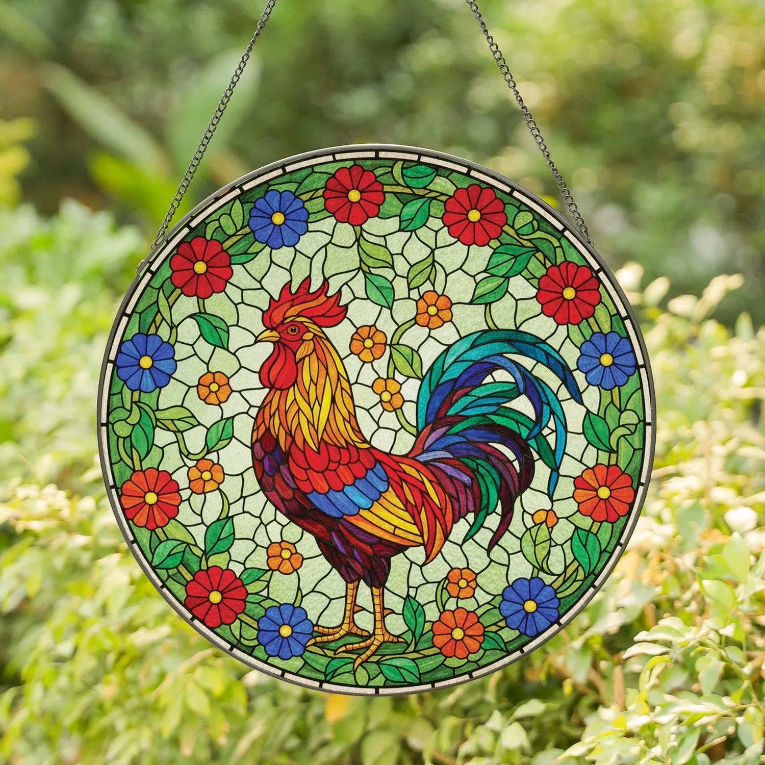 Rooster Floral Botanical Mosaic - Farmhouse Home Decor Gift for Rooster Lover Stained Glass Suncatcher - 1