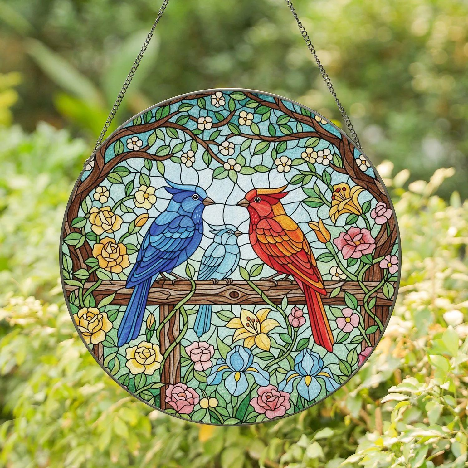 Three Colorful Birds Rustic Wooden Fence Blooming Flowers - Bird Lover Decor Gift Stained Glass Suncatcher - 1