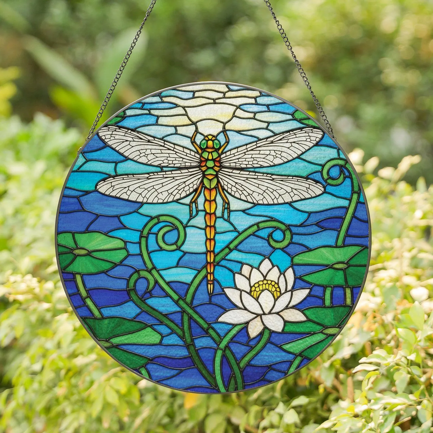 Large Green Dragonfly Water Lily Pond Ripples - Wildlife Lover Home Decor Gift Stained Glass Suncatcher - 1