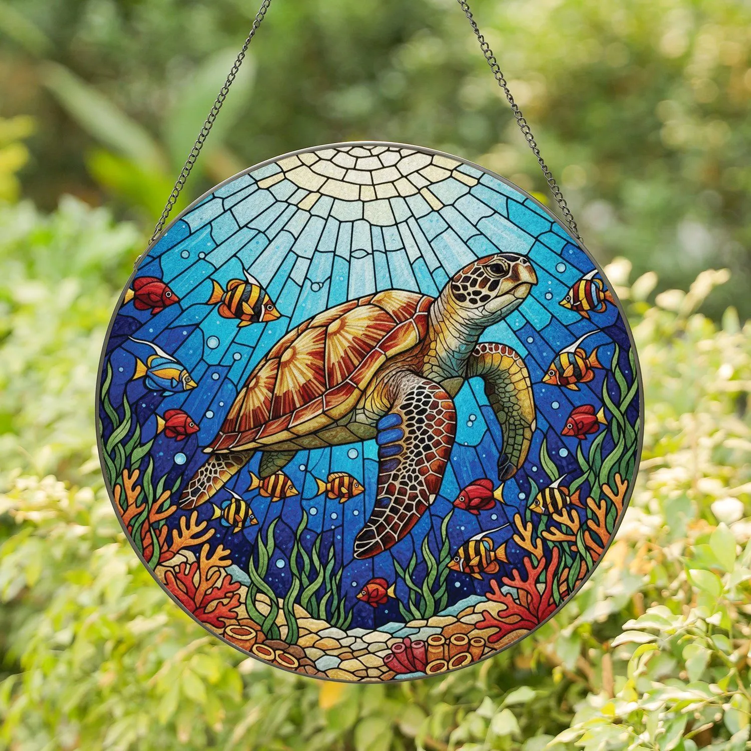 Sea Turtle Tropical Fish Ocean Floor Coral Sunlight - Home Decor Gift for Sea Life Lover Stained Glass Suncatcher - 1
