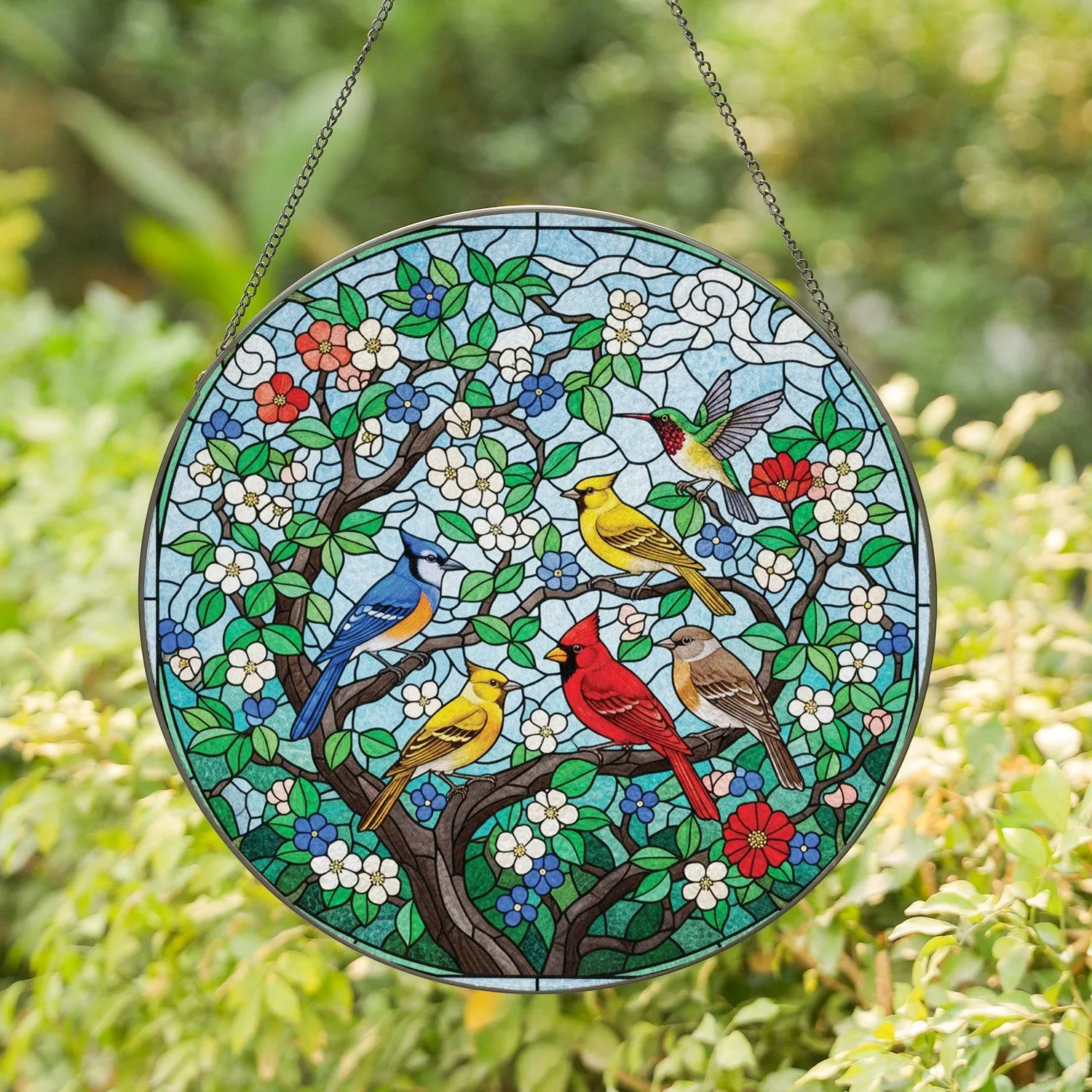 Five Birds Flowering Tree Branches White Blue Red-Pink Blossoms Mosaic Sky Foliage - Home Decor Gift Stained Glass Suncatcher - 1