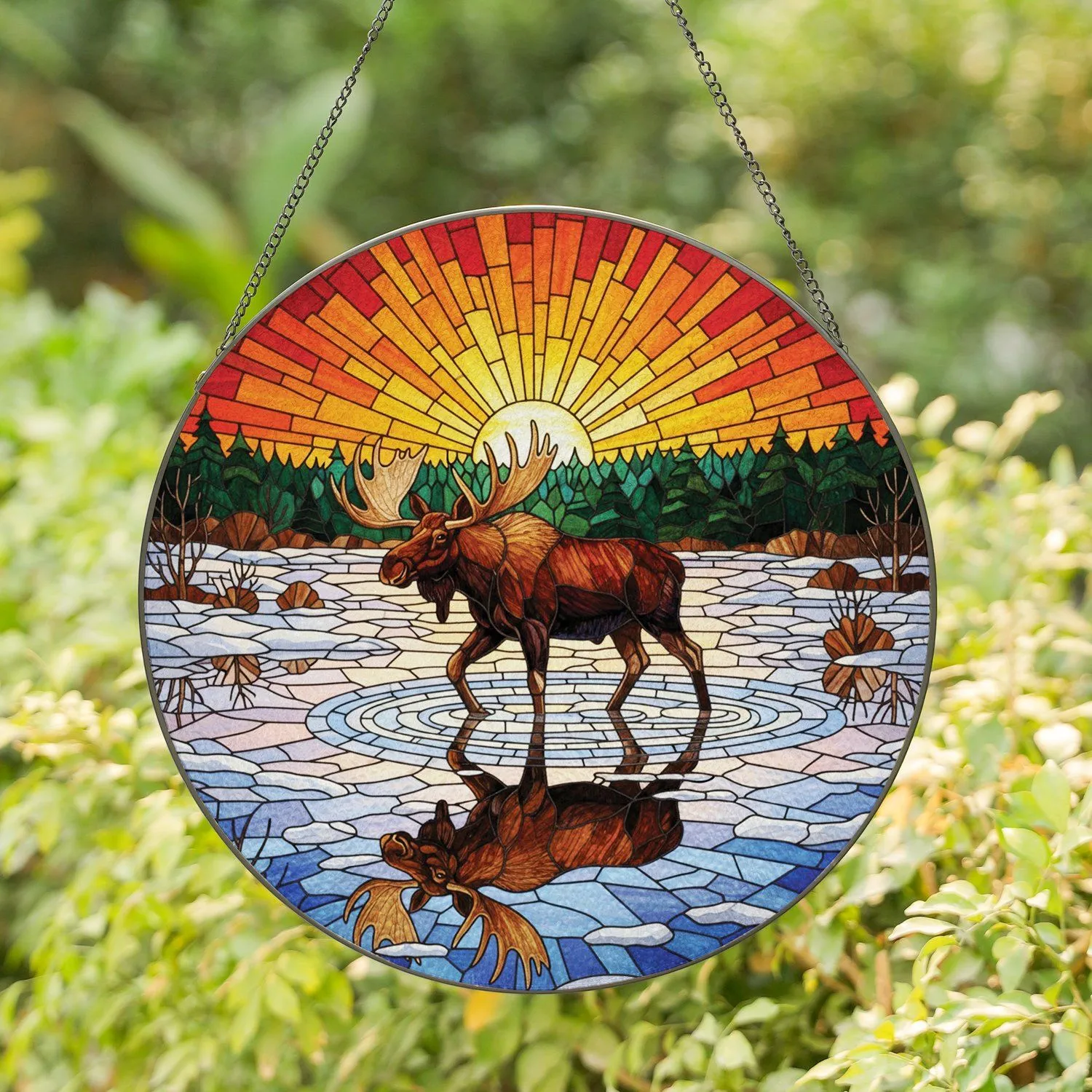 Moose Antlers Icy Water Sunset - Wildlife Lover Home Decor Gift Stained Glass Suncatcher - 1