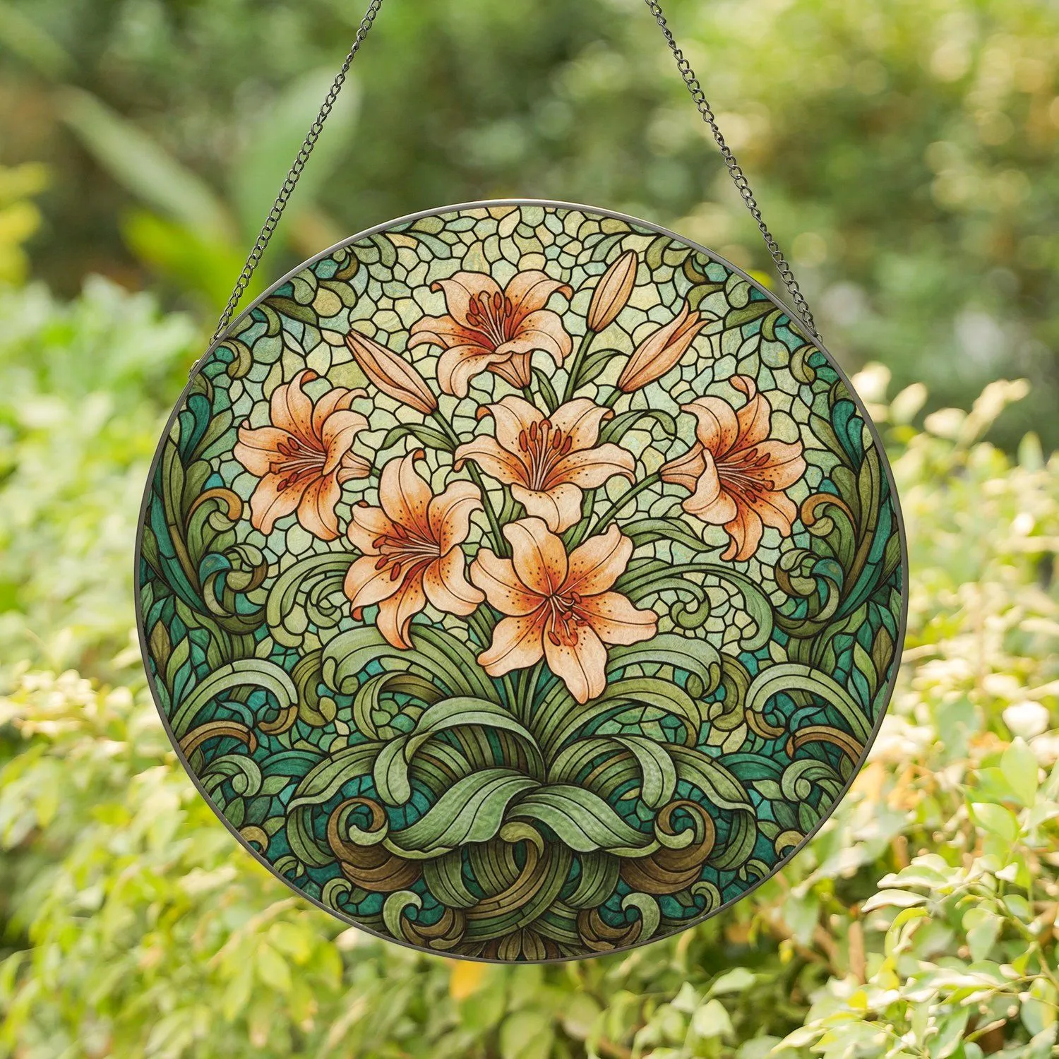 Tiffany Glass Blooming Lily Bouquet Swirling Organic Foliage Dappled Sunlight Garden - Home Decor Gift Stained Glass Suncatcher - 1