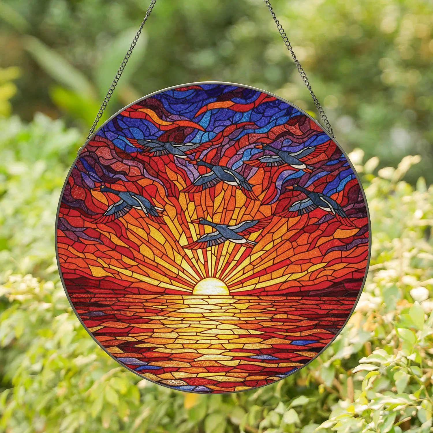 Five Geese Flying Sunset Landscape Wildlife Lover Home Decor Gift Stained Glass Suncatcher - 1