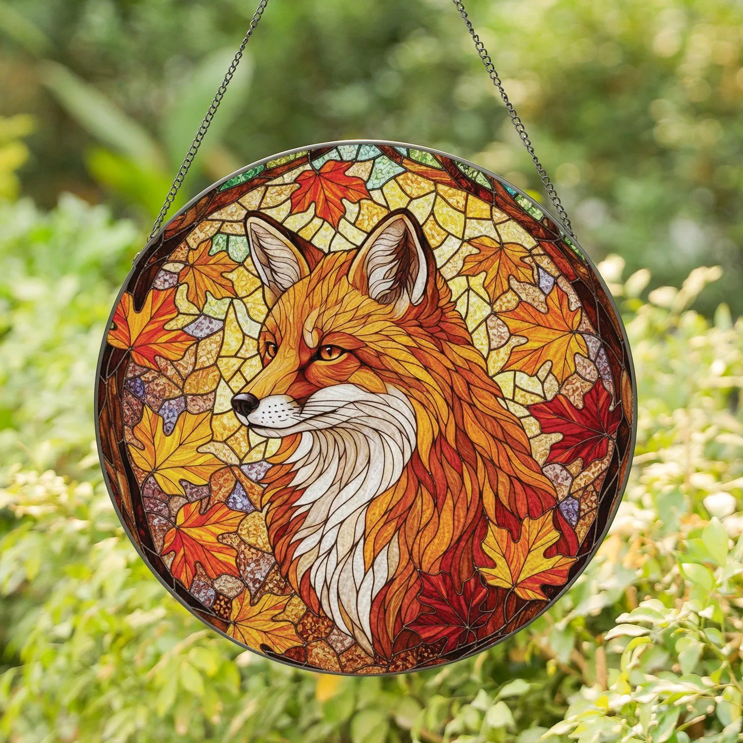 Fox Autumn Leaves Stained Glass Tiffany Style - Home Decor Gift for Wildlife Lover Stained Glass Suncatcher - 1