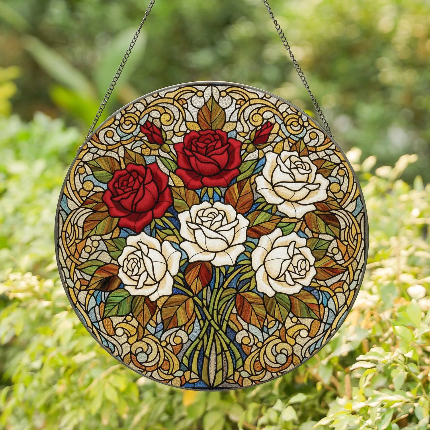 Rose Bouquet Leaves Organic Tendrils - Home Decor Gift for Floral Lover Stained Glass Suncatcher - 1
