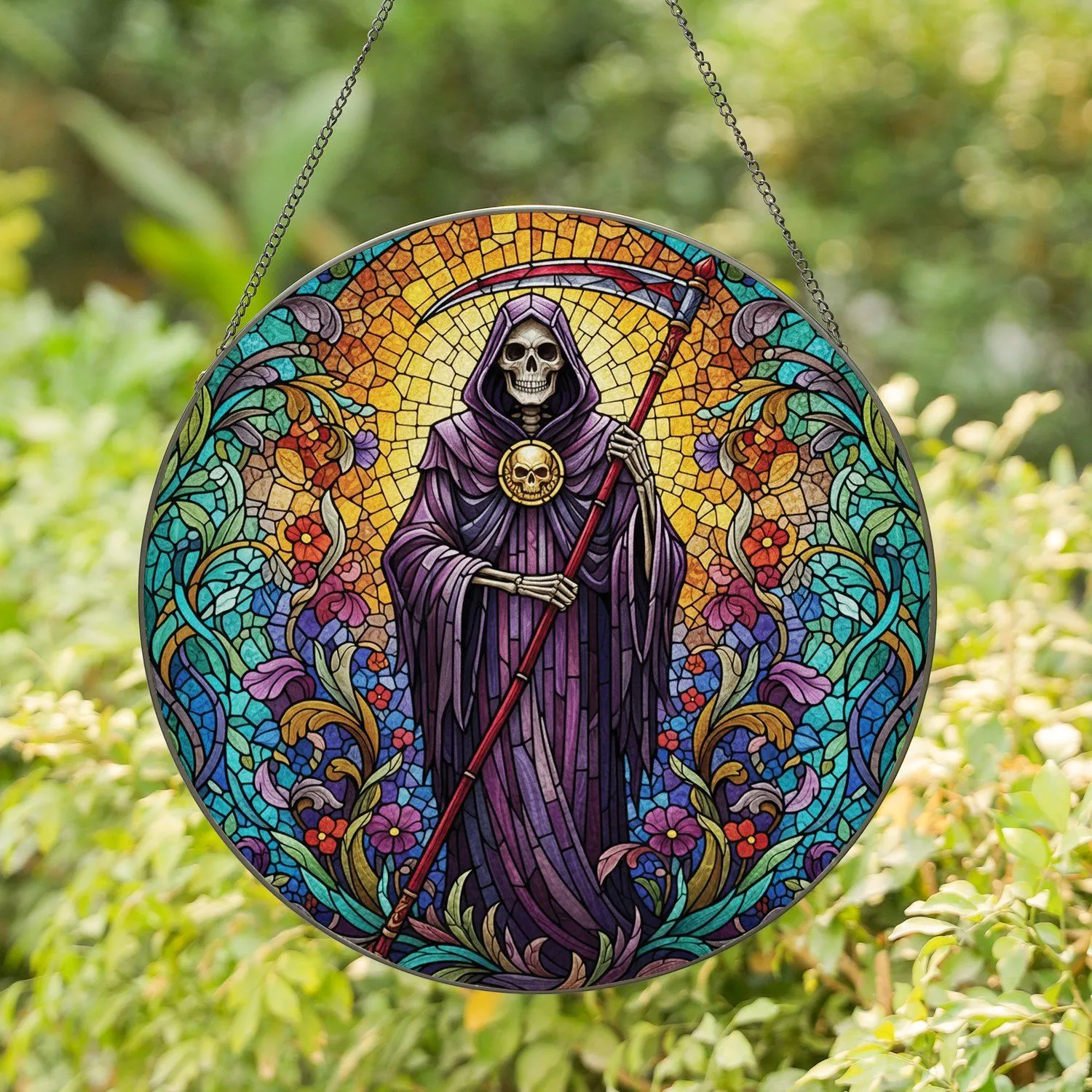 Intricate Grim Reaper Stained Glass Floral Mosaic - Gothic Art Home Decor Gift Stained Glass Suncatcher - 1