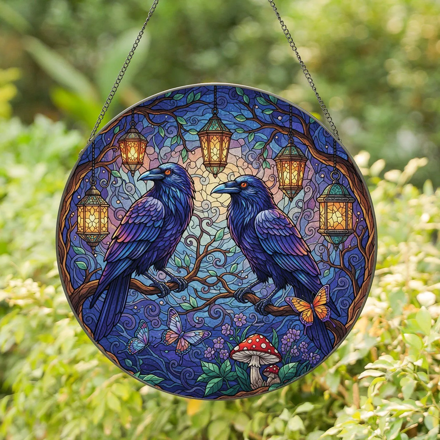 Majestic Ravens Butterflies Mushroom Glowing Lanterns Forest Canopy - Home Decor Gift Stained Glass Suncatcher - 1