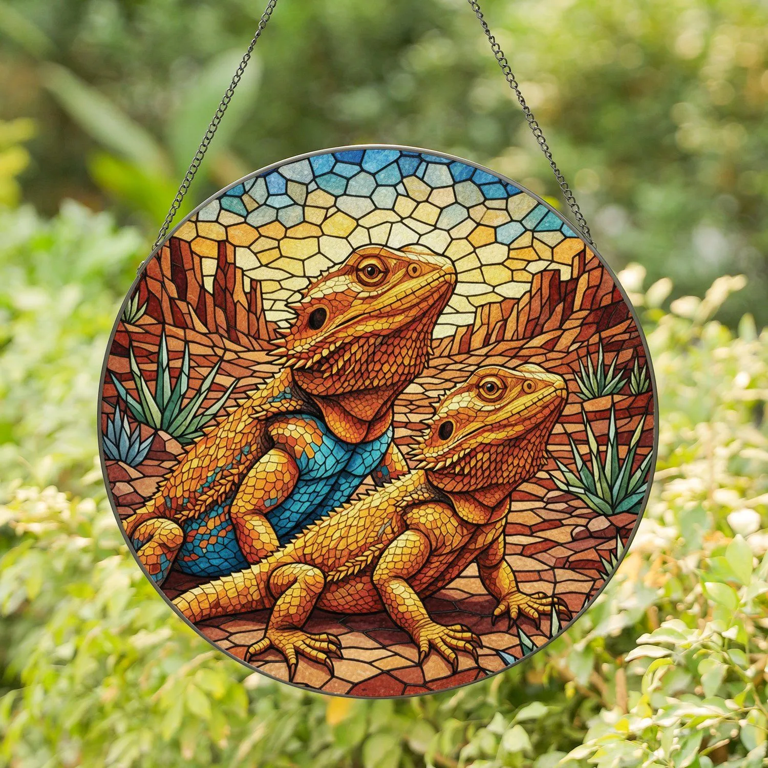 Bearded Dragons Desert Landscape Rock Formations Succulents Sky - Reptile Lover Home Decor Gift Stained Glass Suncatcher - 1