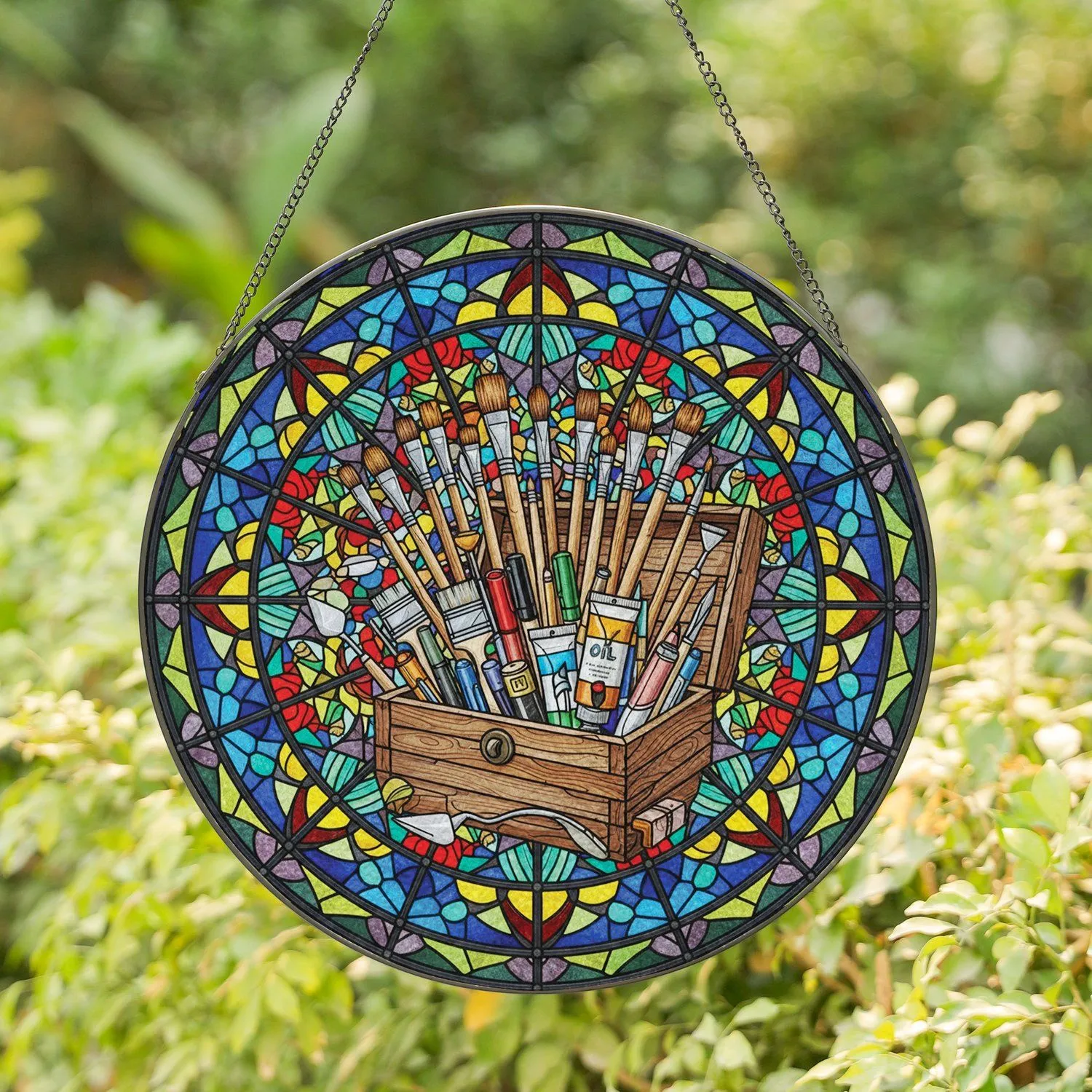 Artist Supply Box Paintbrushes Pencils Markers Tools Mosaic Shapes - Home Decor Gift for Art Lover Stained Glass Suncatcher - 1