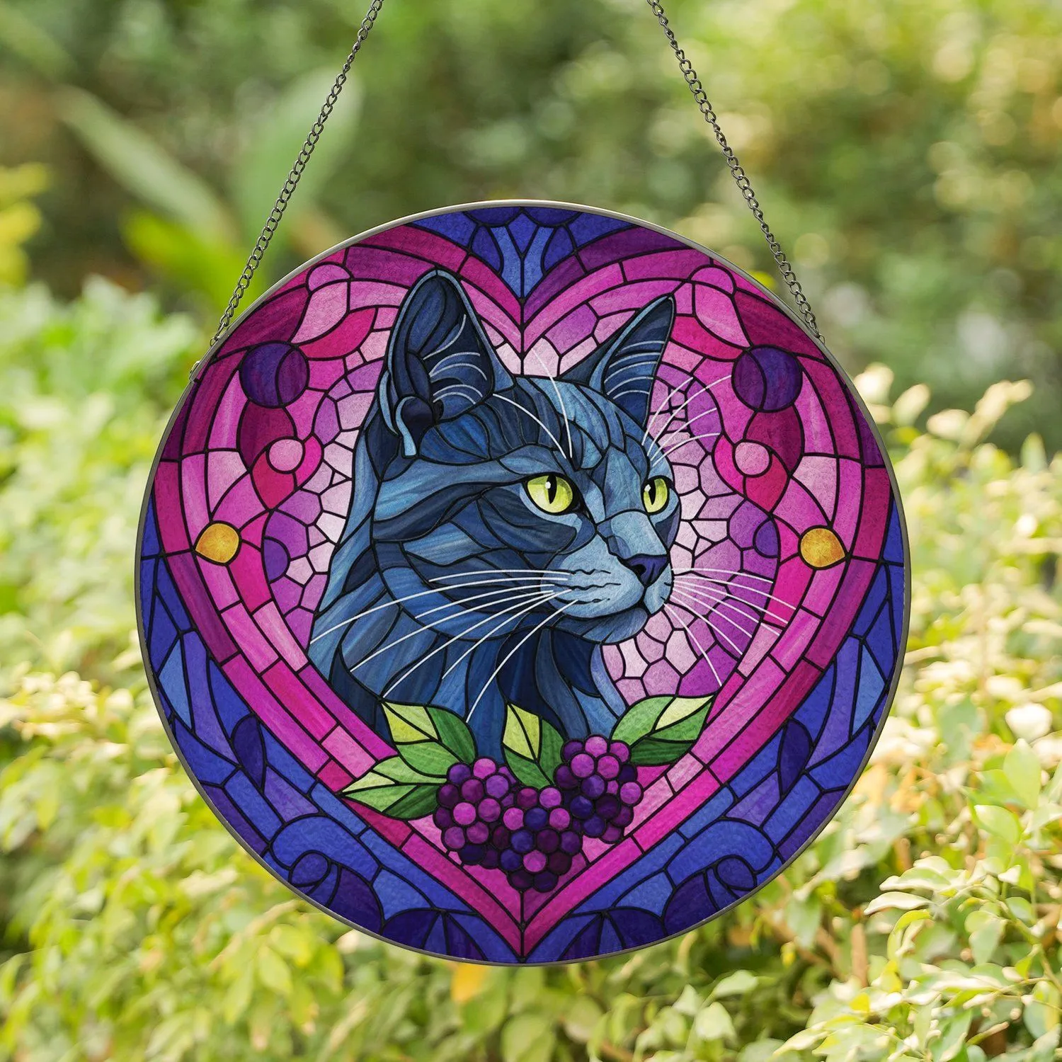 Russian Blue Cat Heart Blackberries - Cat Lover Home Decor Gift Stained Glass Suncatcher - 1