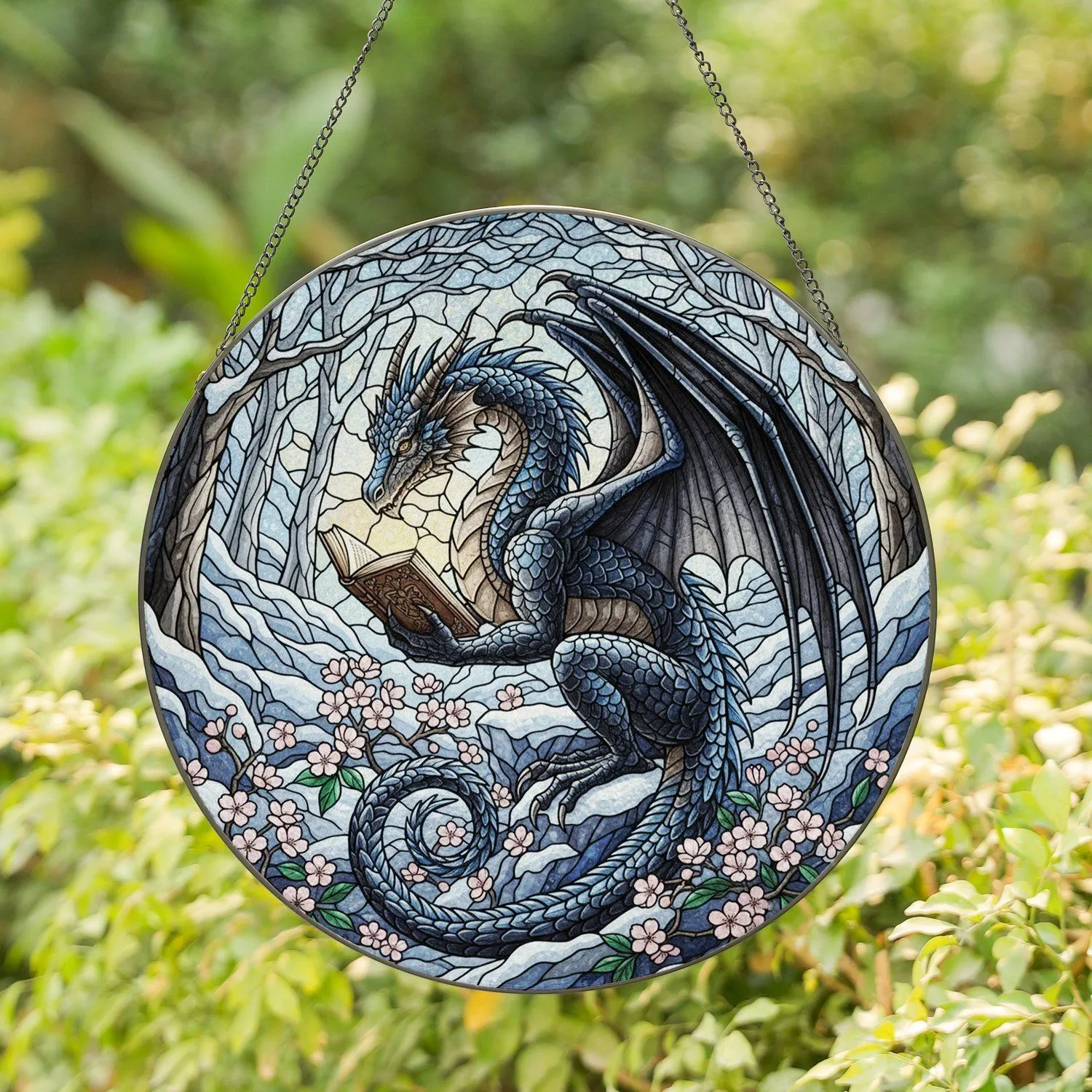 Dark Dragon Reading Book Cherry Blossoms Winter Forest Landscape Home Decor Gift Stained Glass Suncatcher - 1