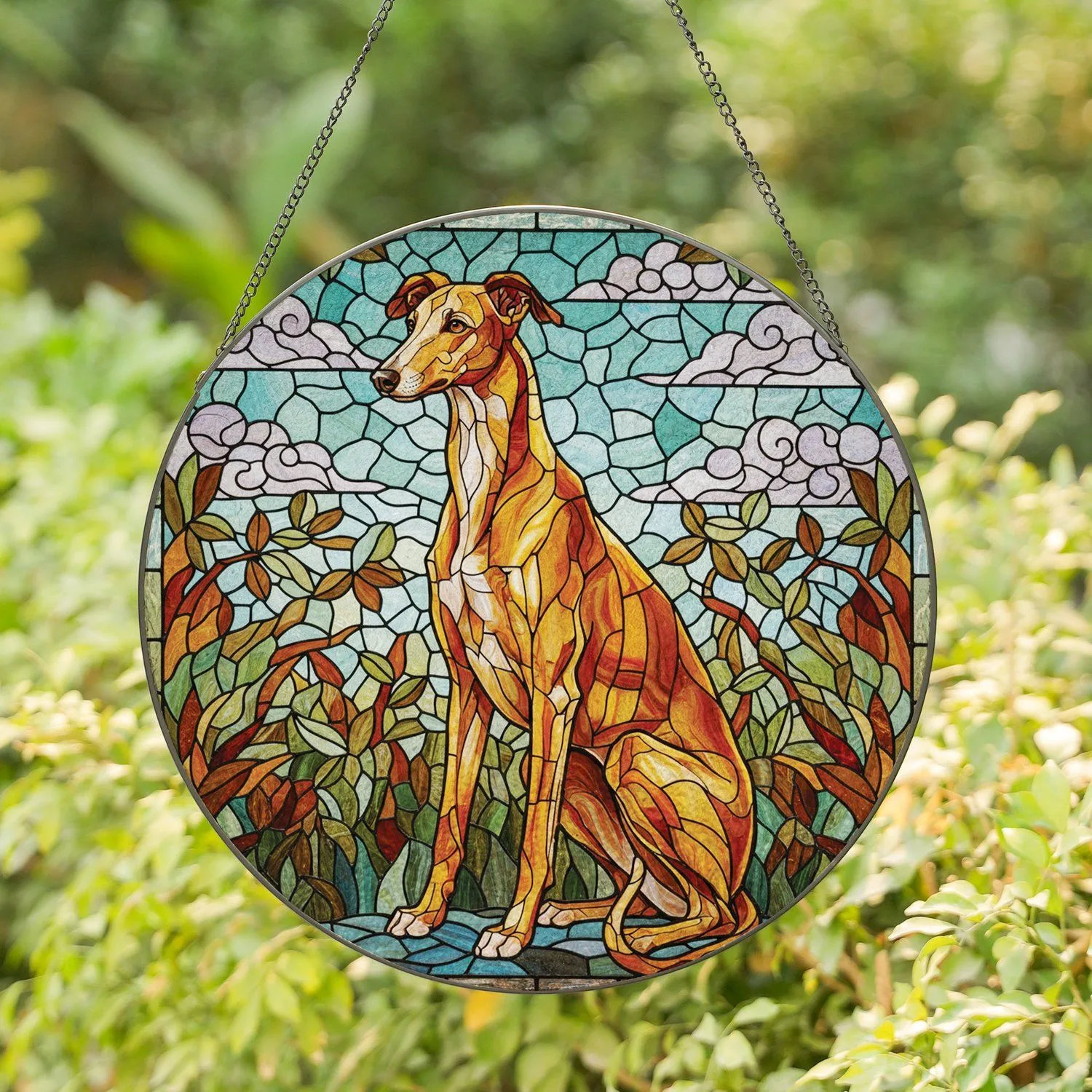 Seated Greyhound Whippet Dog Scenic Mosaic - Dog Lover Home Decor Gift for Pet Parents Stained Glass Suncatcher - 1