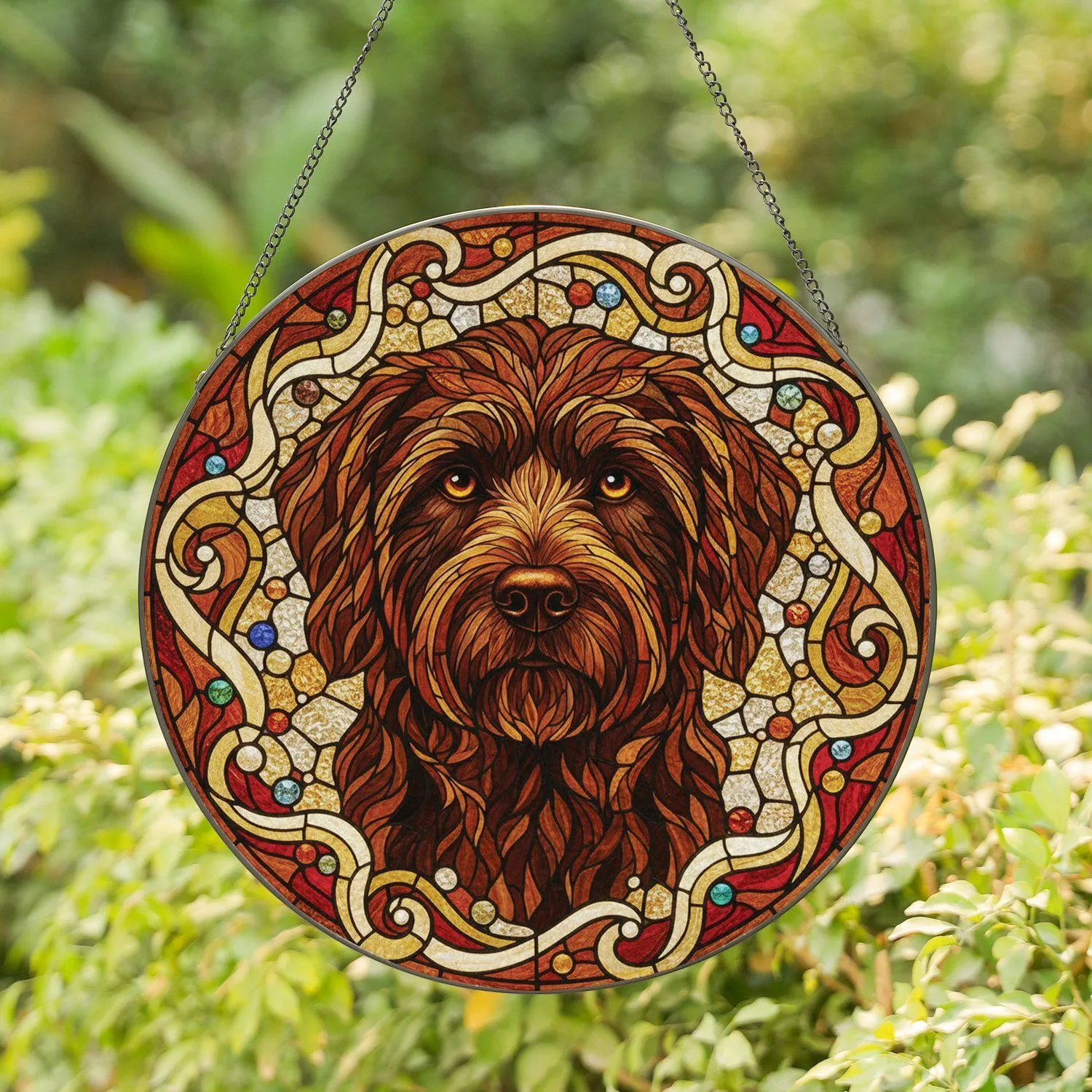 Shaggy Dark Brown Dog Head Amber Eyes - Dog Lover Home Decor Gift Stained Glass Suncatcher - 1