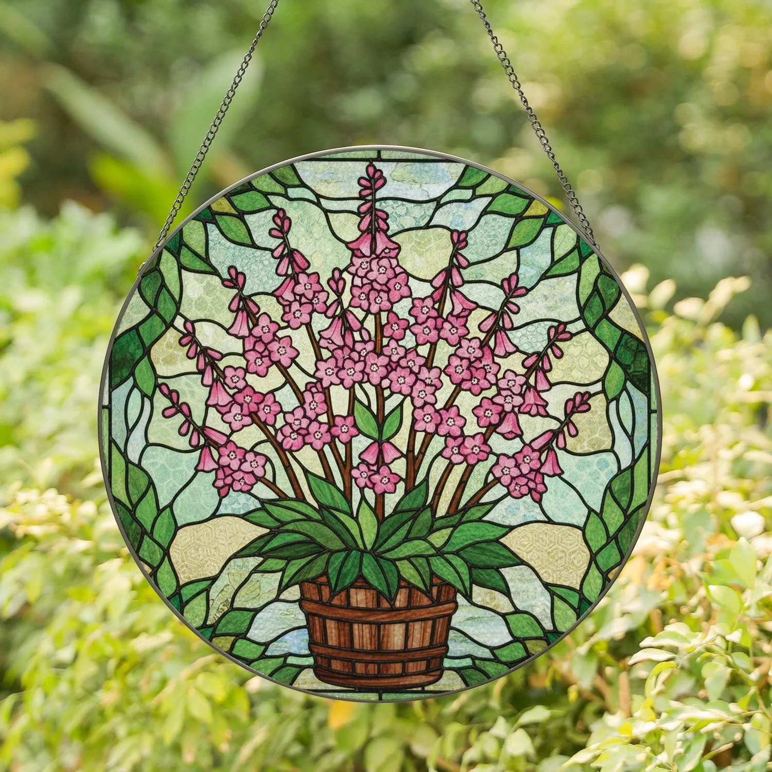 Vibrant Pink Flowering Plant Barrel Planter - Home Decor Gift for Plant Lover Stained Glass Suncatcher - 1