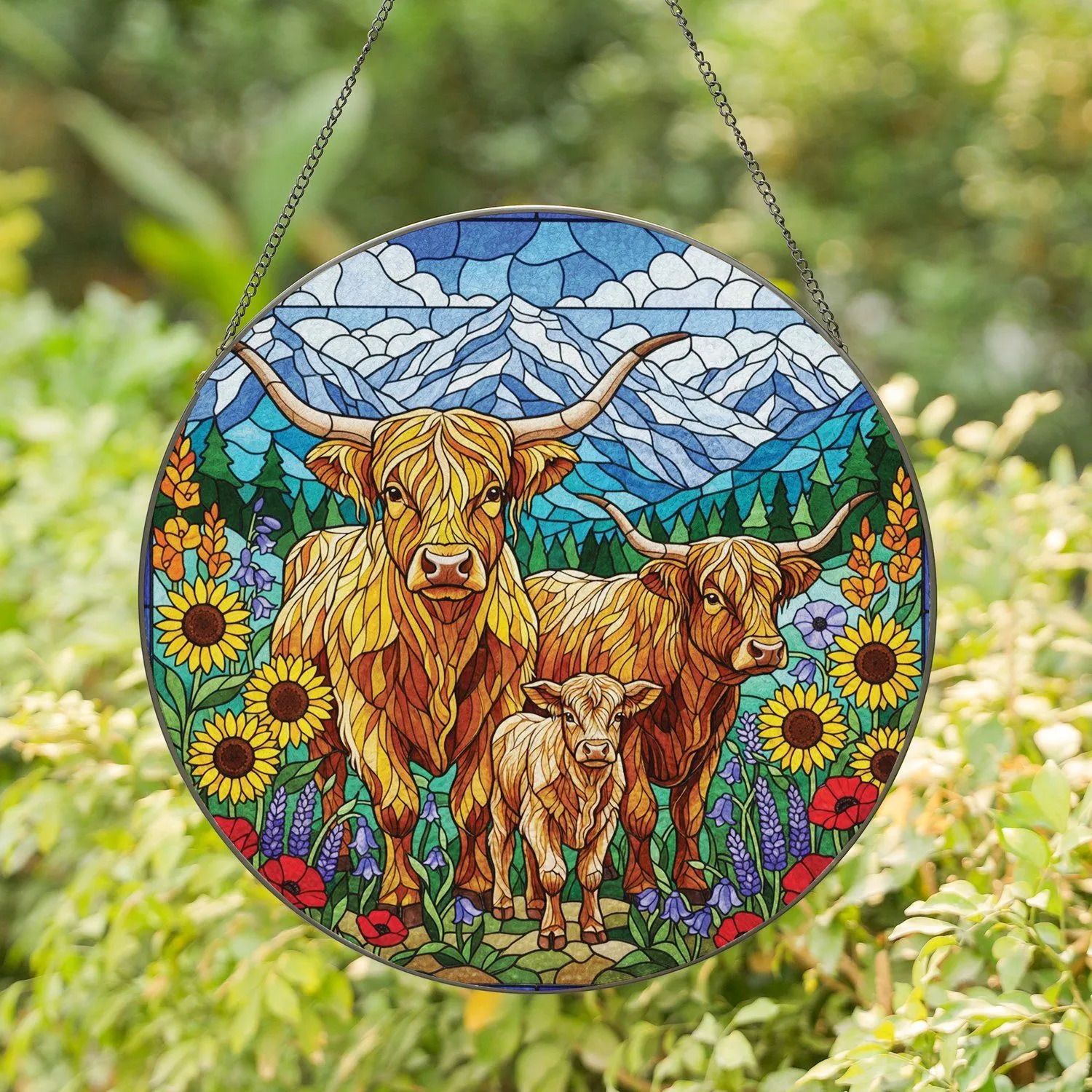 Highland Cow Wildflower Mountain Landscape - Farmhouse Home Decor Gift for Cow Lover Stained Glass Suncatcher - 1