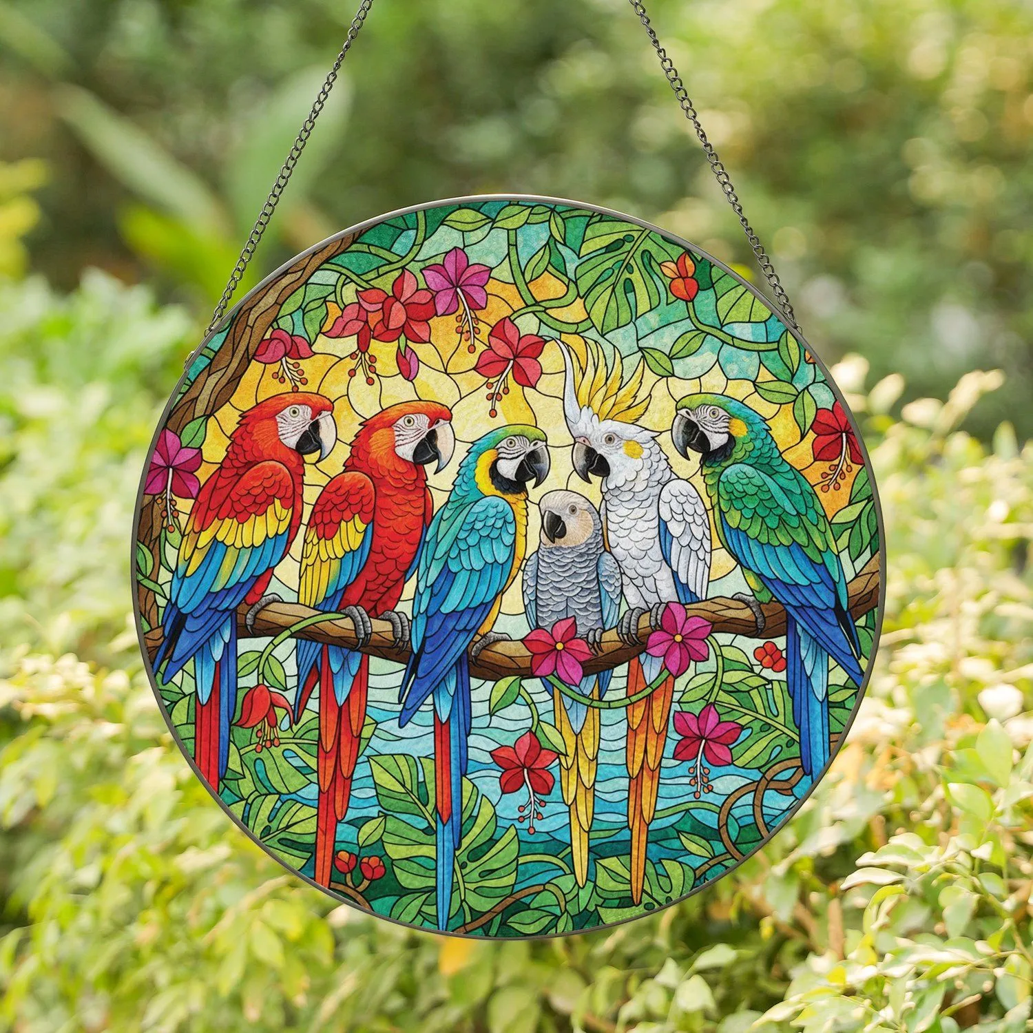 Seven Alert Parrots Tropical Flowers Lush Jungle Foliage - Wildlife Lover Gift Home Decor Stained Glass Suncatcher - 1