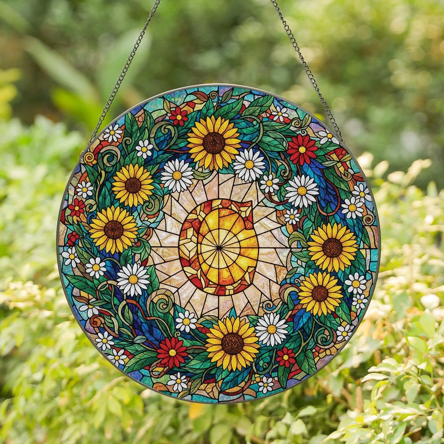 Ornate Letter C Tiffany Glass Sunflower Daisy Wreath Iridescent Mosaic Home Decor Gift Stained Glass Suncatcher - 1