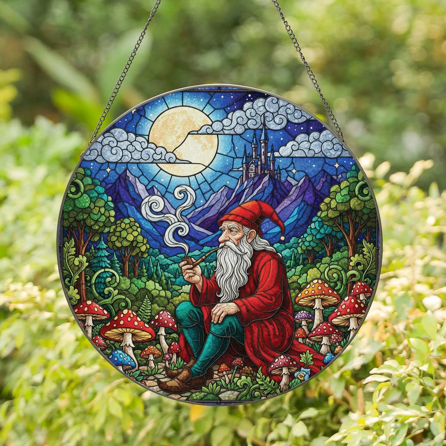 Gnome Wizard Mushroom Castle Full Moon Night - Home Decor Gift for Fantasy Fan Stained Glass Suncatcher - 1