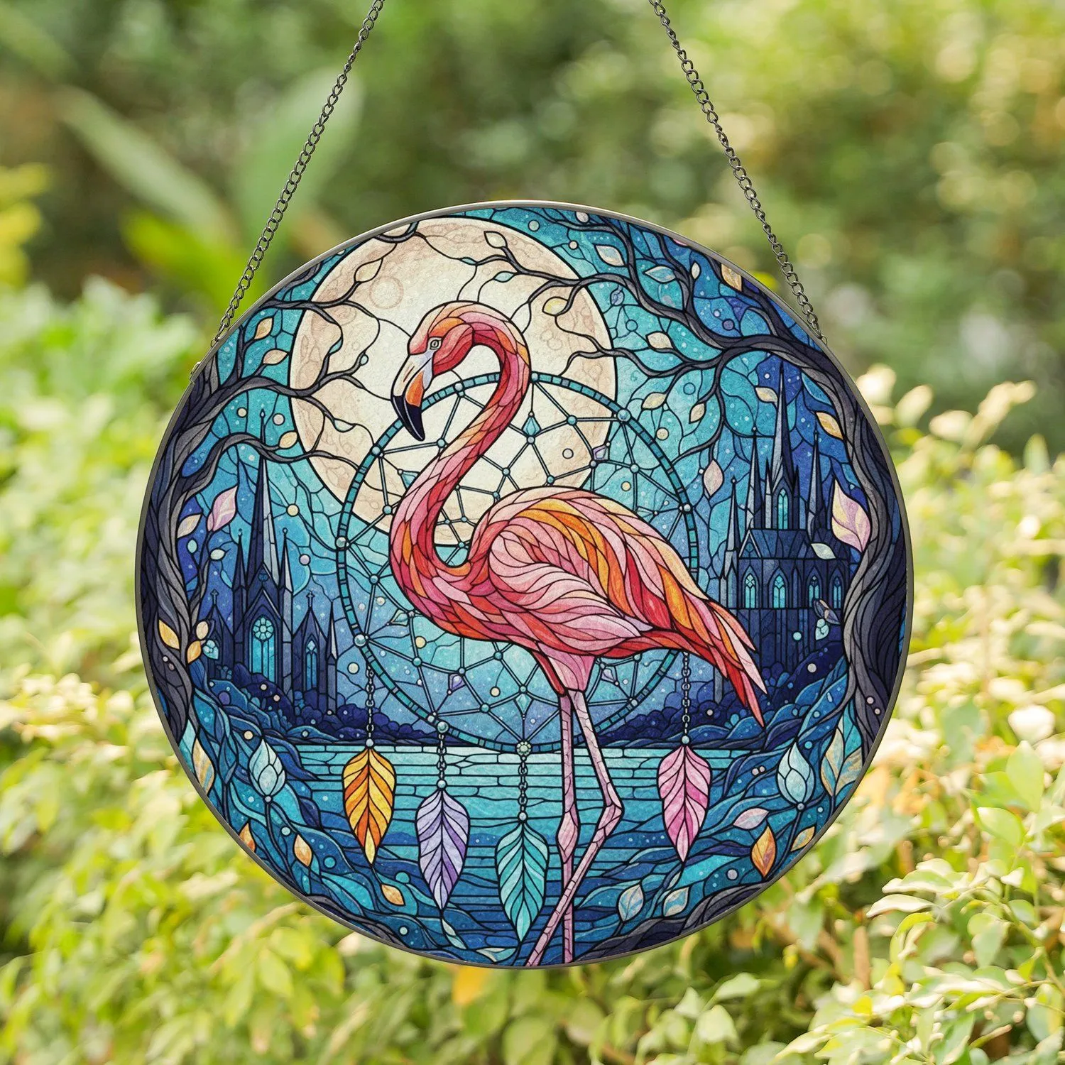 Majestic Flamingo Dreamcatcher Night Moon - Home Decor Gift for Flamingo Lover Stained Glass Suncatcher - 1